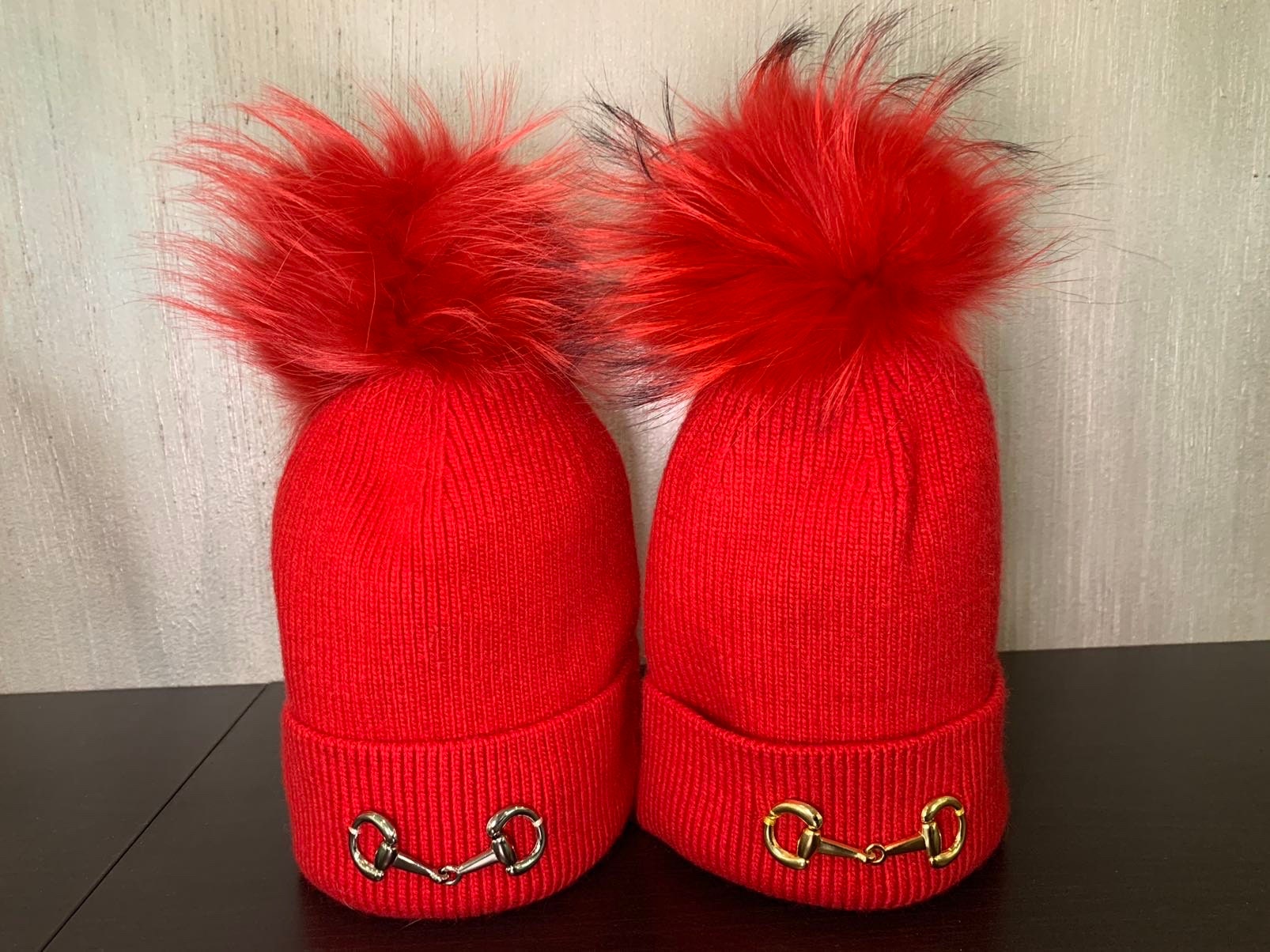 Red Cashmere Blend Beanie: Equestrian Bit & Fox Fur PomPom