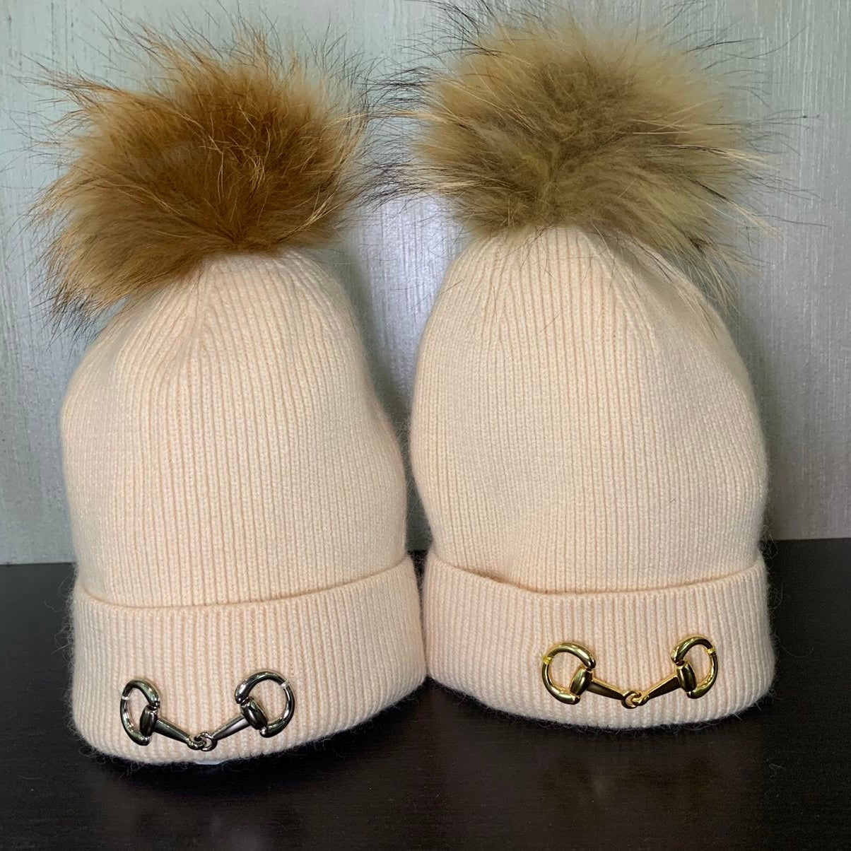Cashmere Blend Beanie: Ivory Winter Hat with Fox Fur Pom and Equestrian Bit