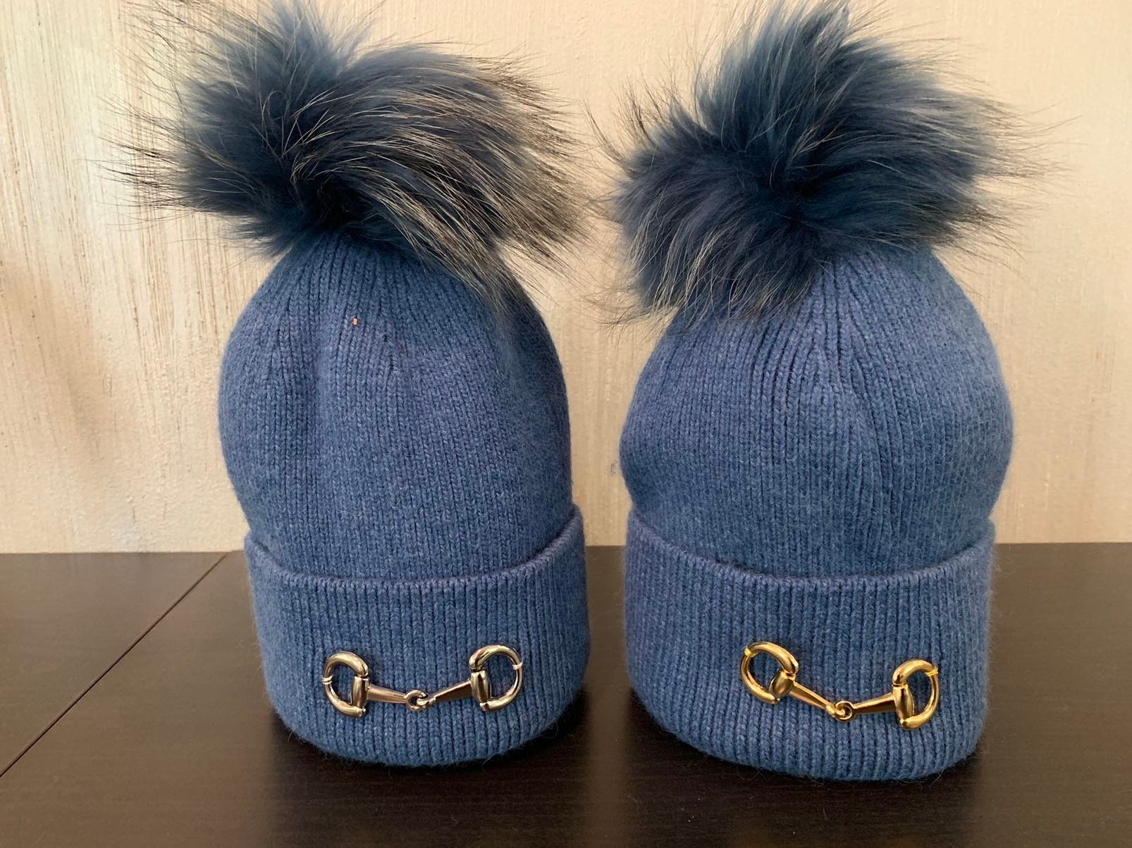 Denim Blue Cashmere Beanie: Equestrian Bit & Fox Fur PomPom