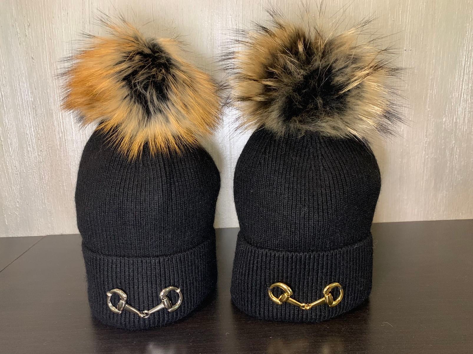 Equestrian Bit Black Beanie-Stocking Hat- Horse Lover- Cashmere Blend with Fox Fur PomPom