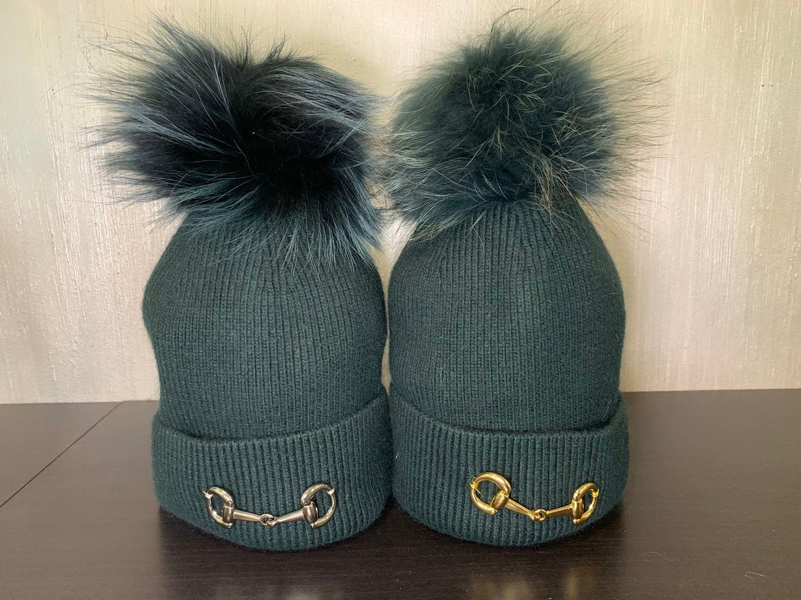 Hunter Green Cashmere Blend Beanie - Equestrian Bit & Fox Fur Pom Pom