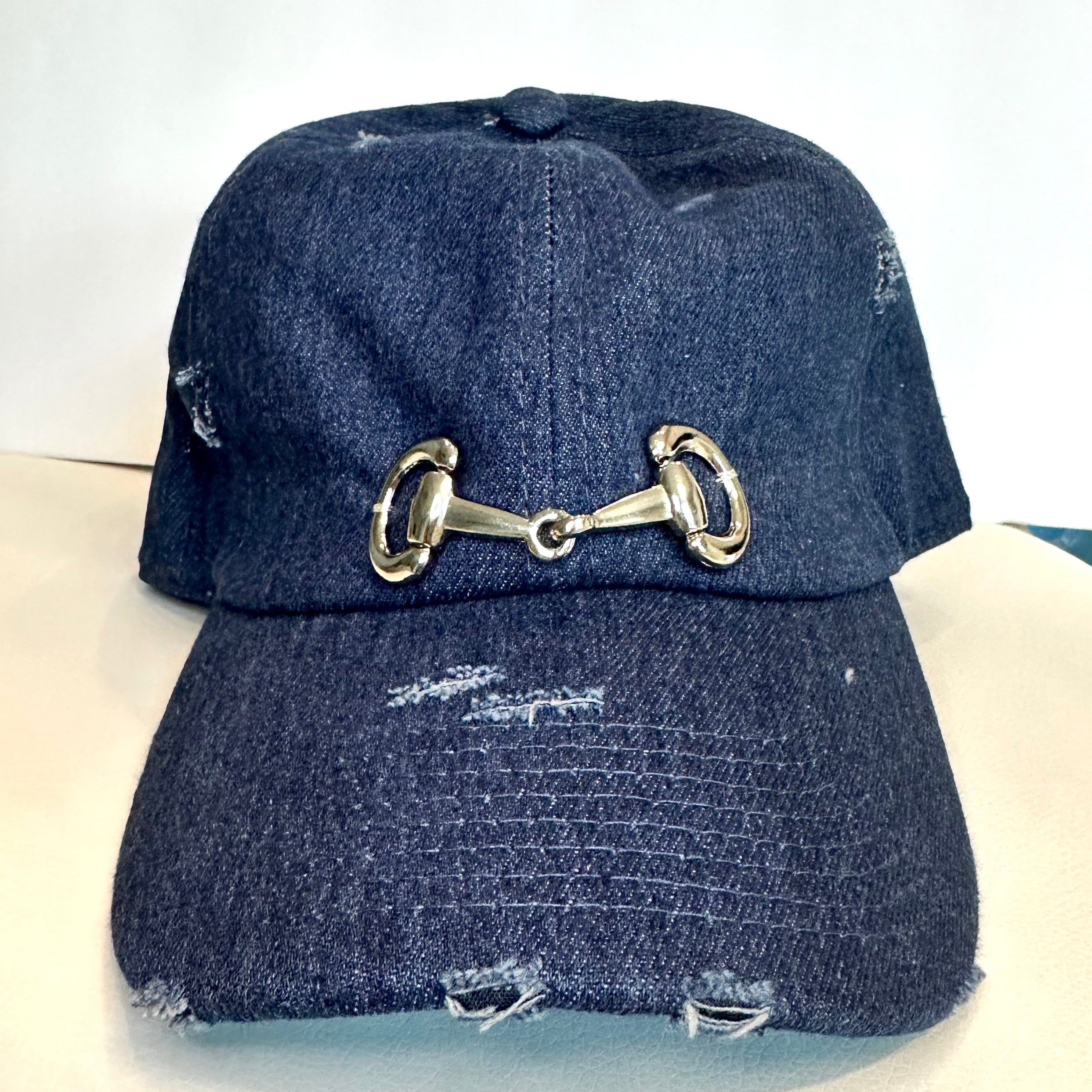 Distressed Denim Equestrian Hat: Silver Horse Bit Baseball Cap