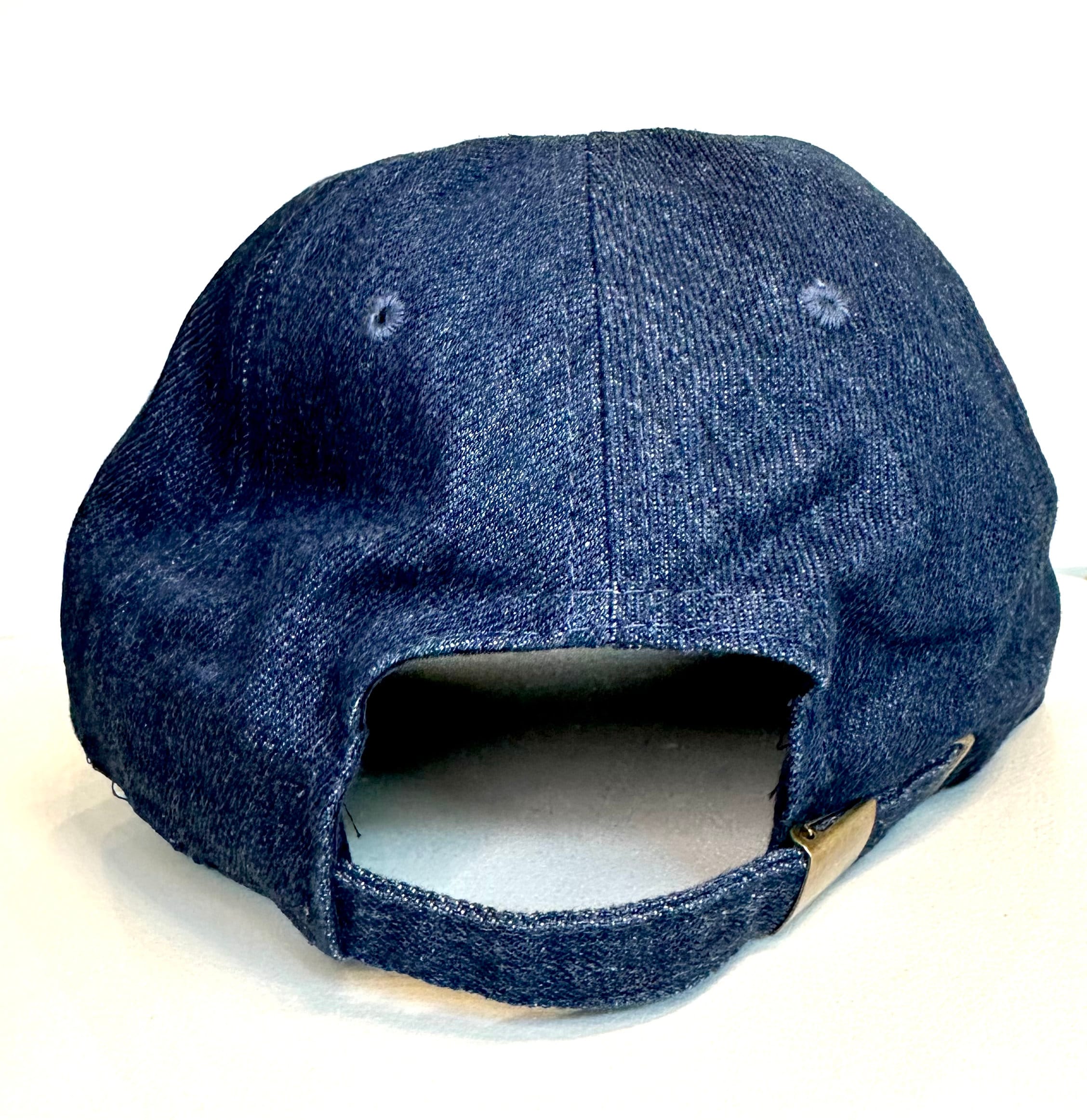 Distressed Denim Equestrian Hat Gold Horse Bit Baseball Cap