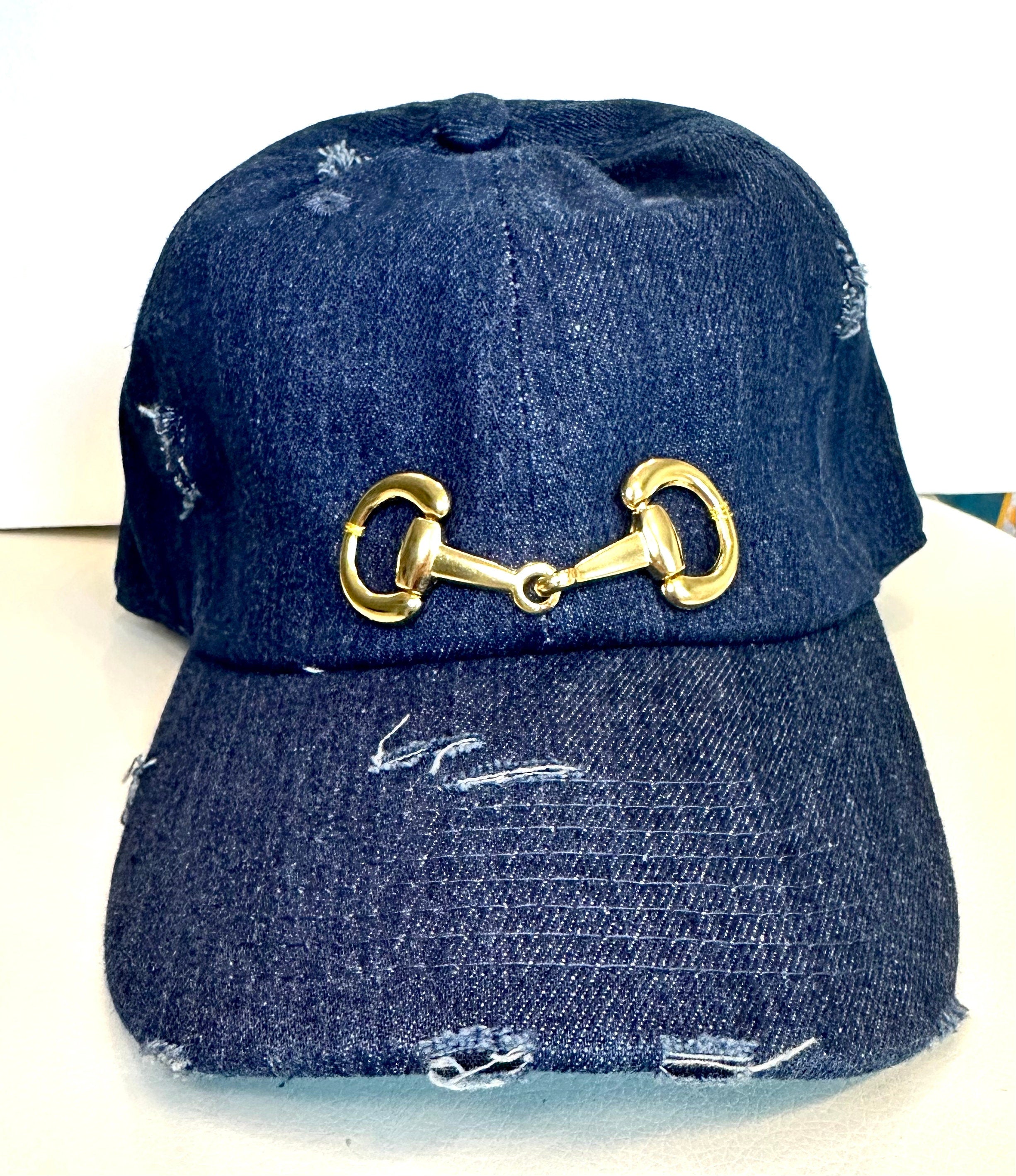 Distressed Denim Equestrian Hat Gold Horse Bit Baseball Cap