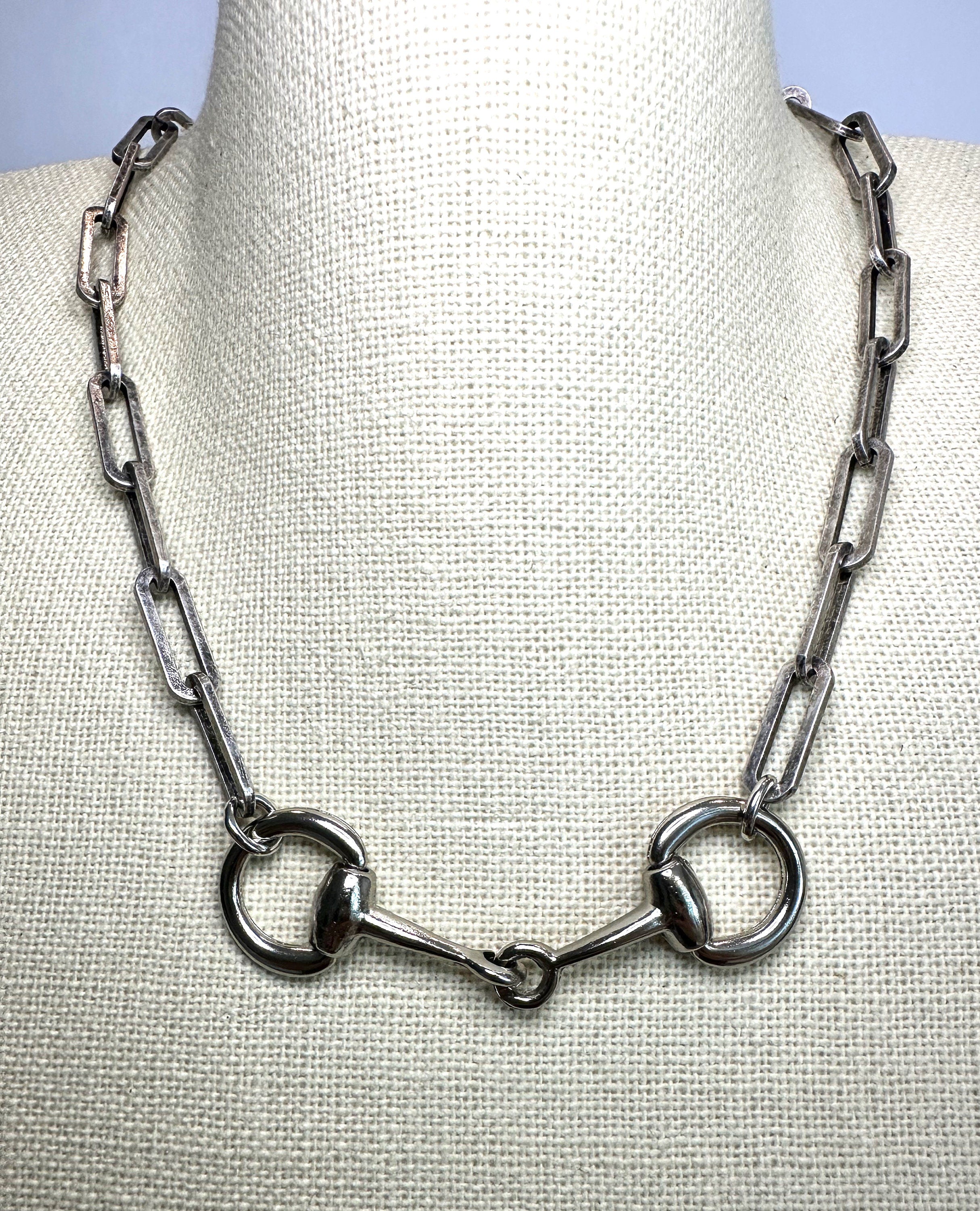 Equestrian Horse Snaffle Bit Antique Silver Paperclip Chain Necklace