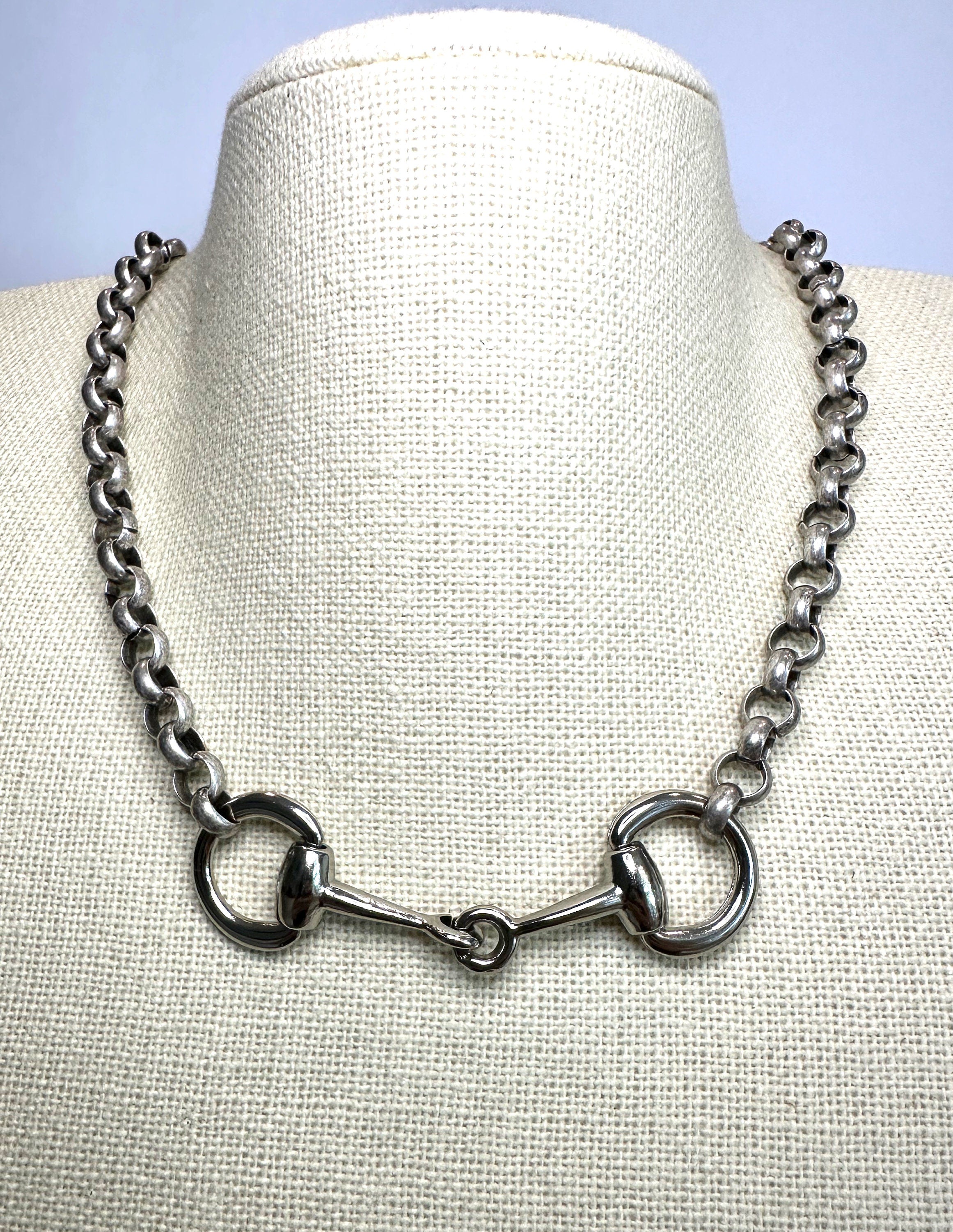 Equestrian Necklace - Horse Snaffle Bit Antique Silver Rolo Chain