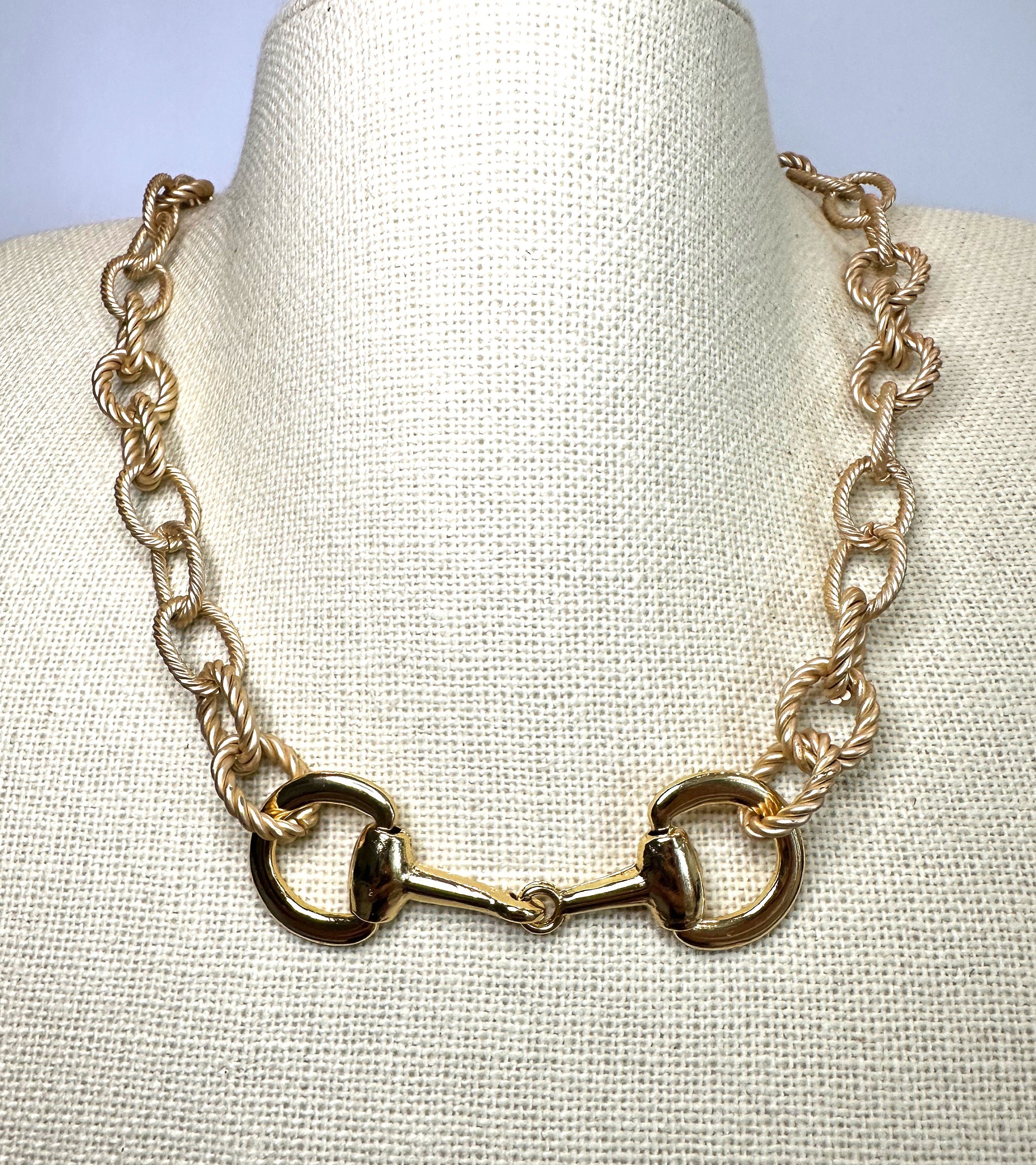 Equestrian Horse Snaffle Bit Matte Gold Rope Chain Necklace