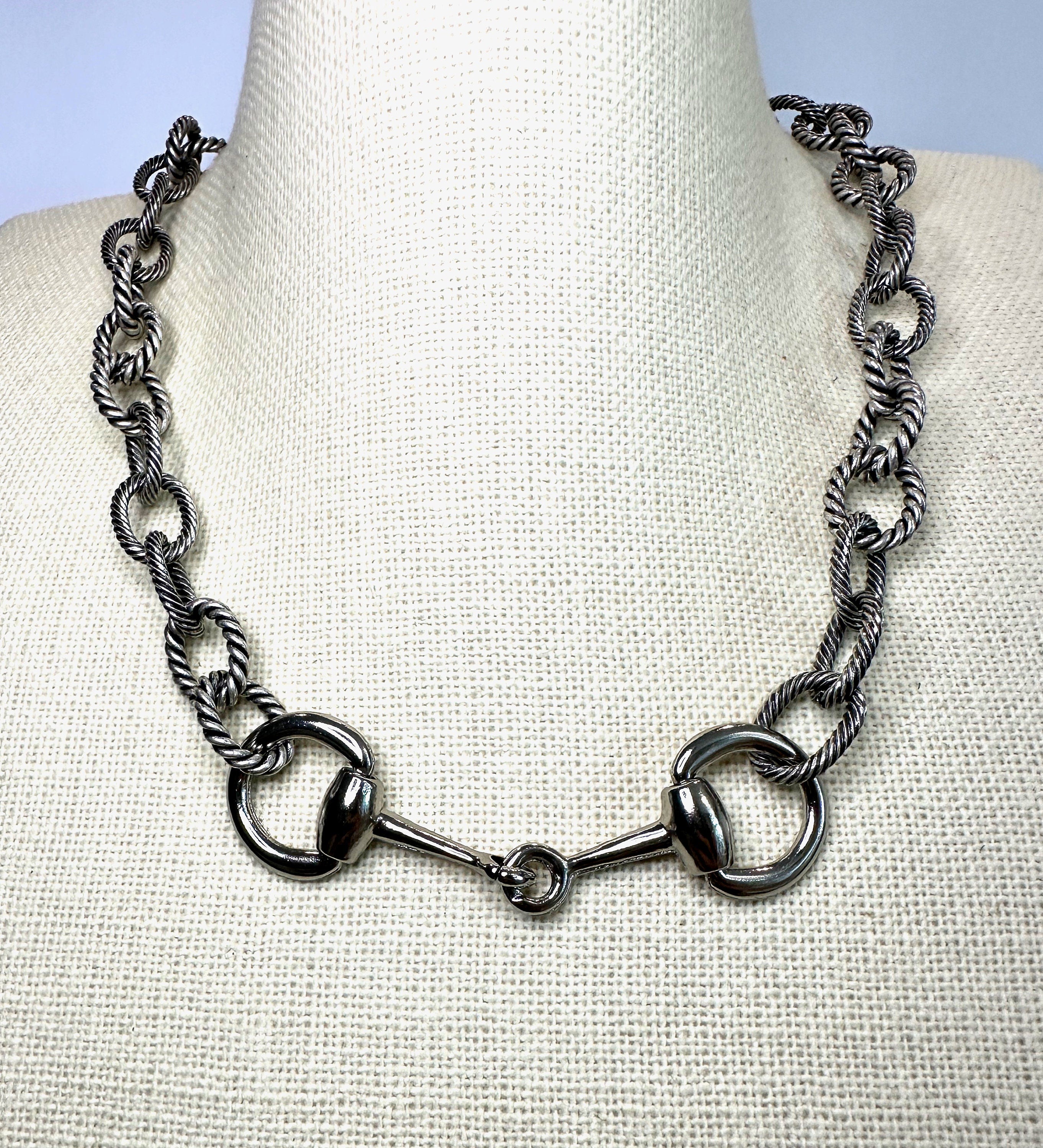 Equestrian Horse Snaffle Bit Antique Silver Rope Chain Necklace
