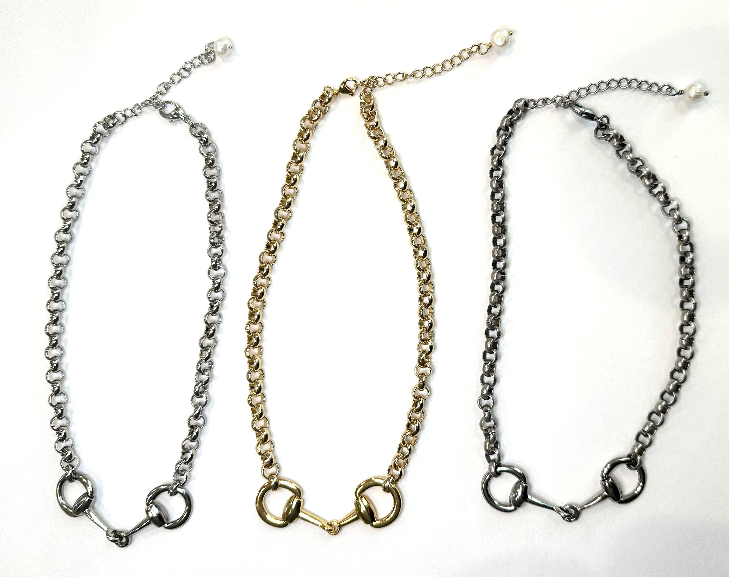 Equestrian Necklace - Horse Snaffle Bit Antique Silver Rolo Chain