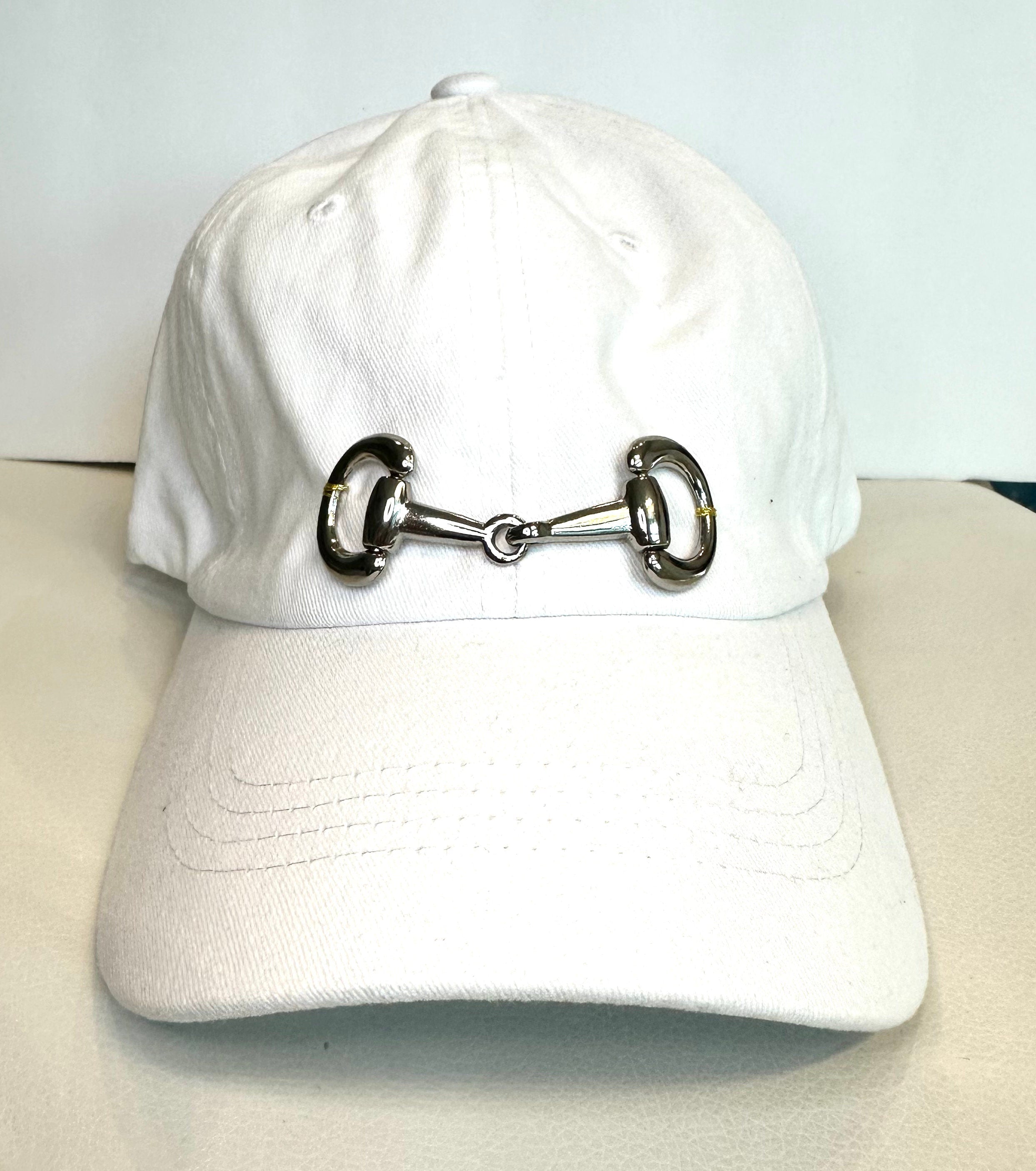 Equestrian Baseball Cap White Cotton Hat with Silver Horse Bit
