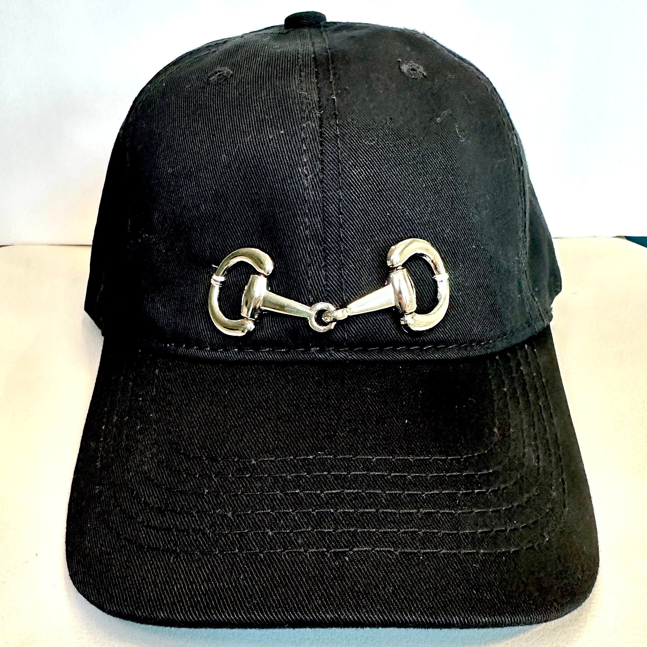 Equestrian Baseball Cap: Black Cotton Hat with Silver Horse Bit