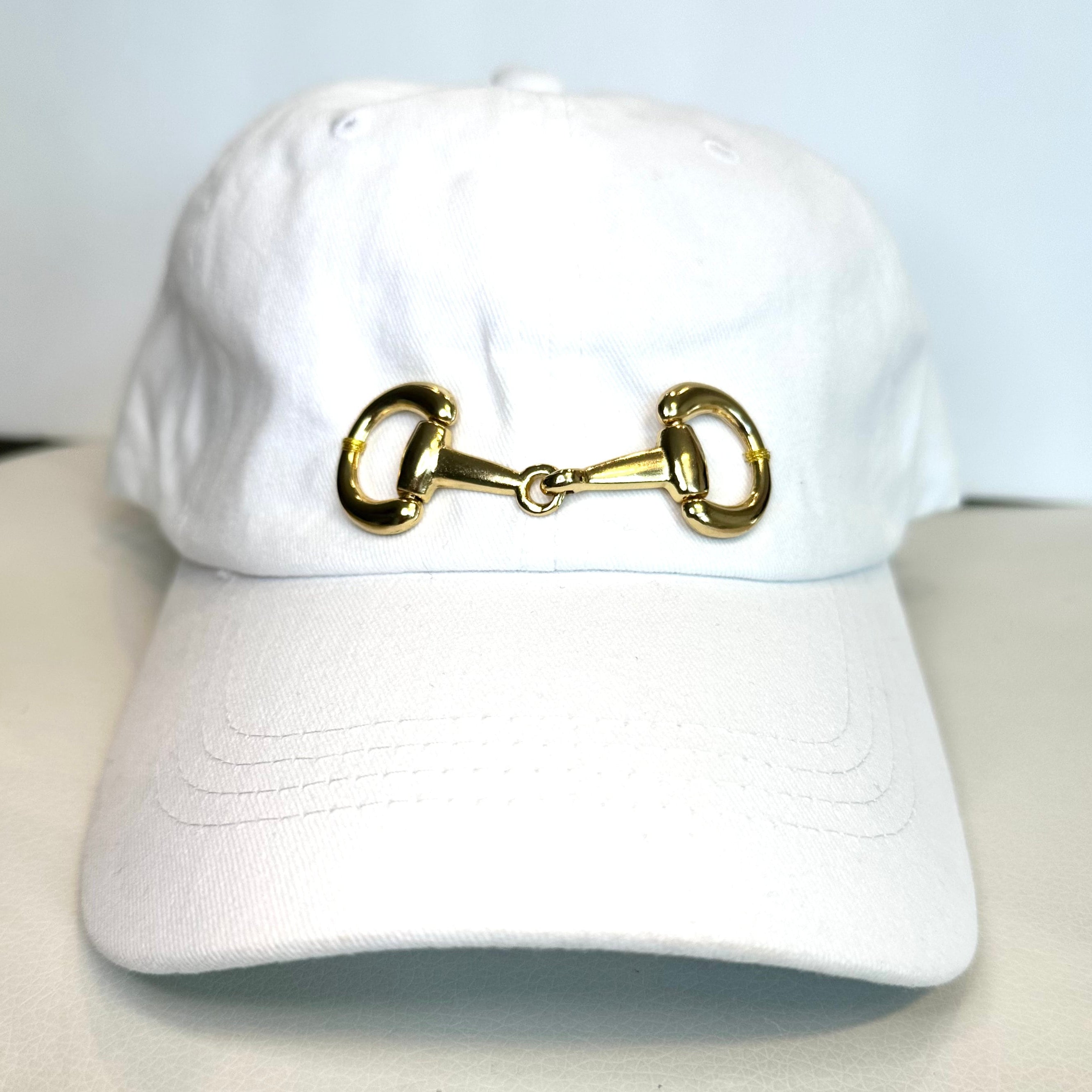 Equestrian Baseball Cap White Cotton Hat with Gold Horse Bit