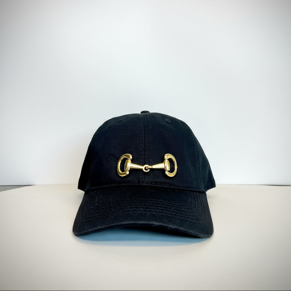 Equestrian Baseball Cap Black Cotton Hat with Gold Horse Bit