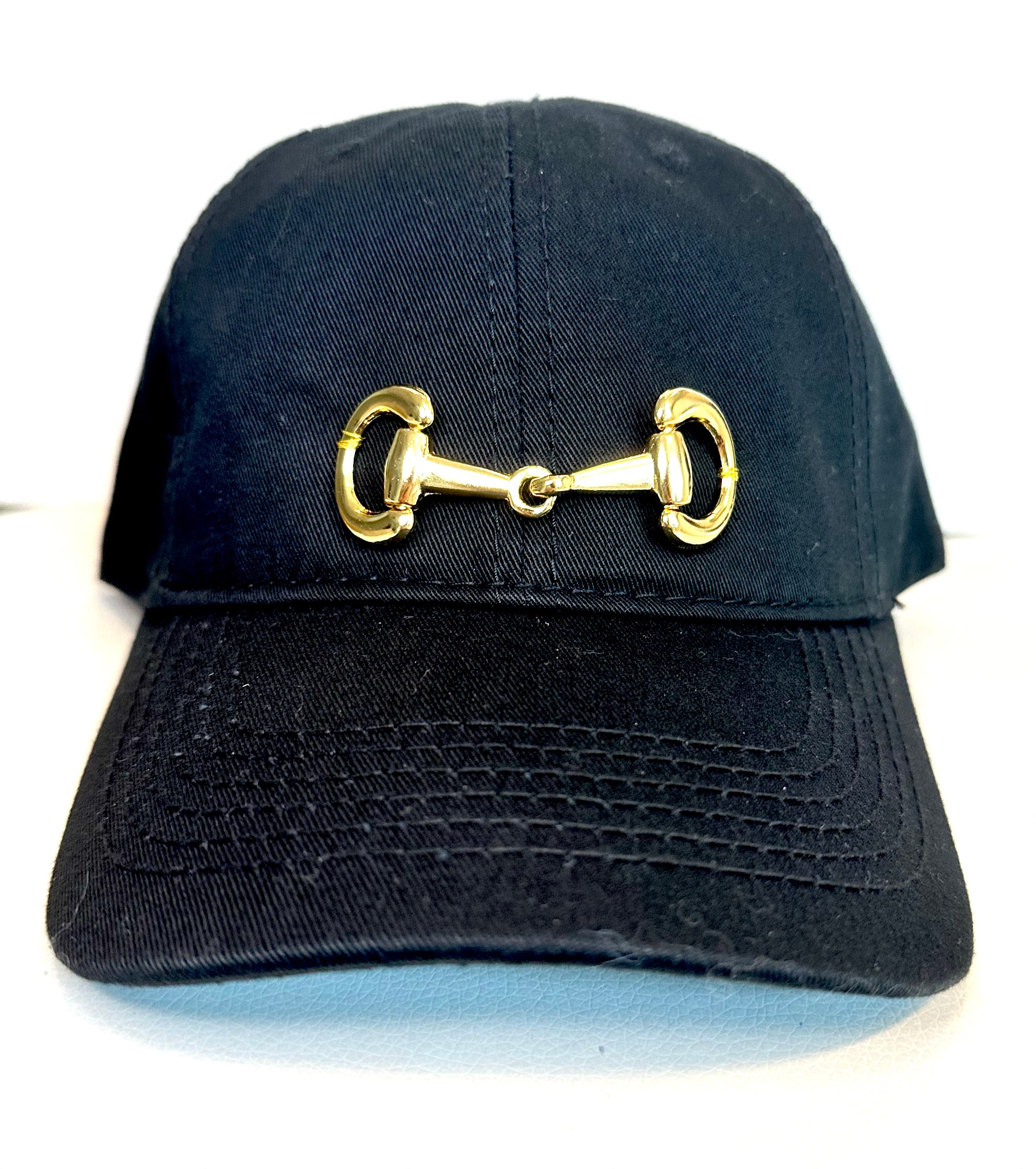 Equestrian Baseball Cap Black Cotton Hat with Gold Horse Bit