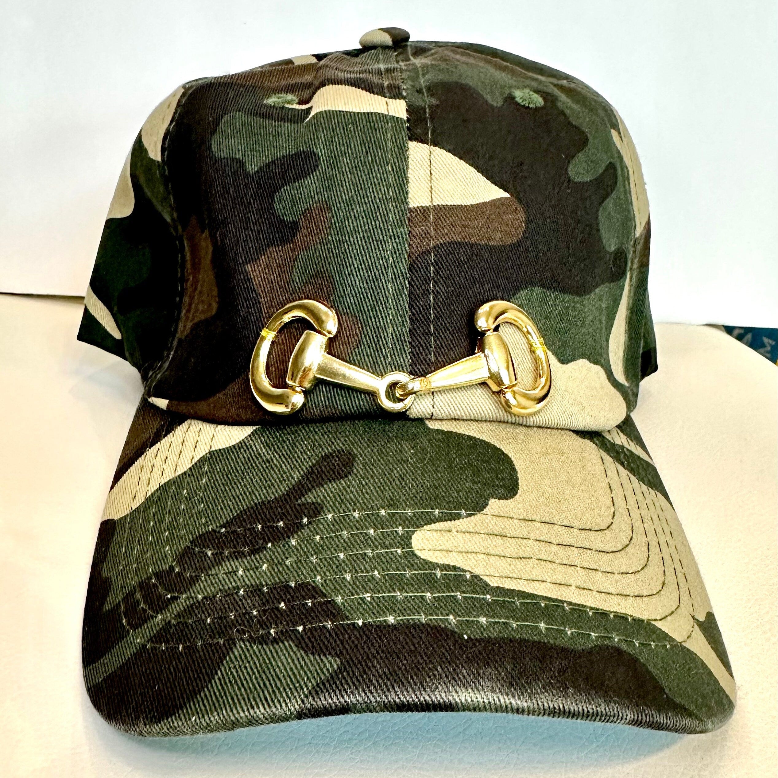 Equestrian Baseball Cap Camo Cotton Hat with Gold Horse Bit