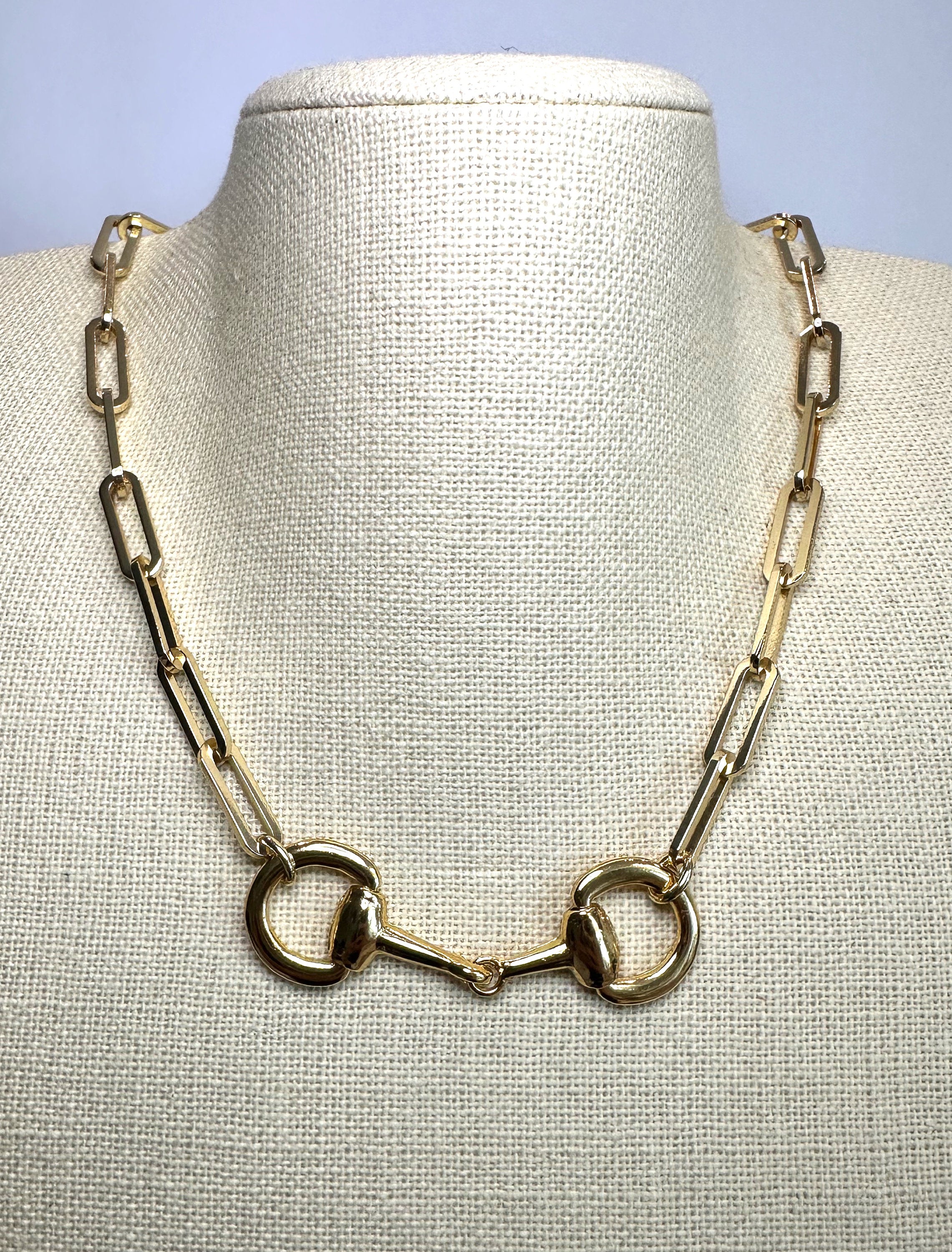 Equestrian Horse Snaffle Bit Shiny Gold Paperclip Chain Necklace