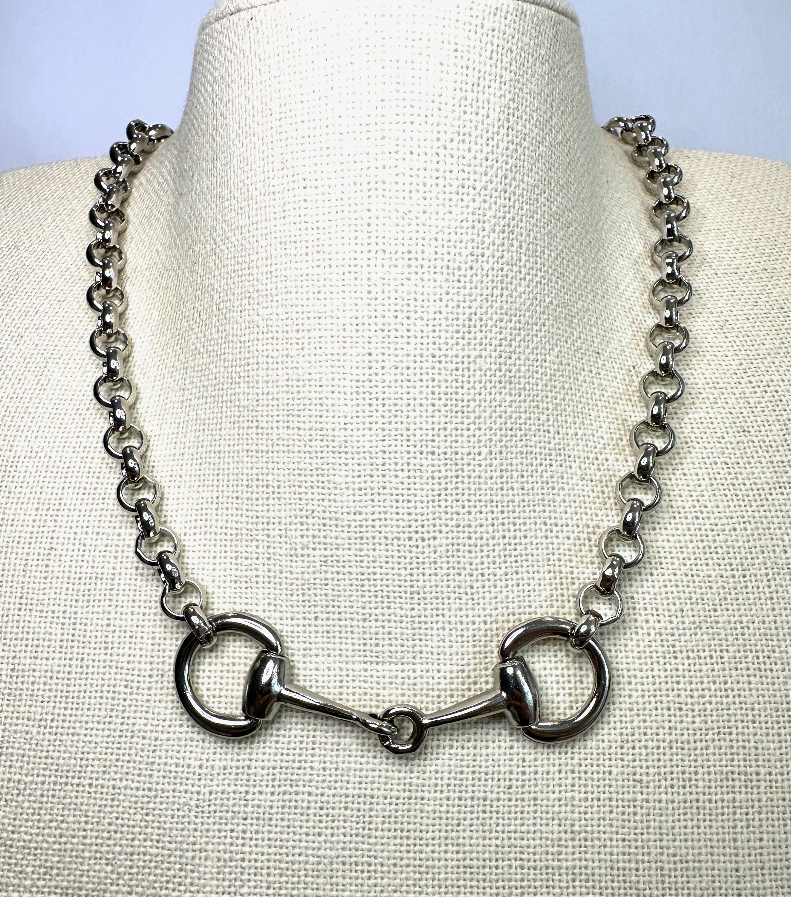 Equestrian Horse Snaffle Bit Shiny Silver Rollo Chain Necklace