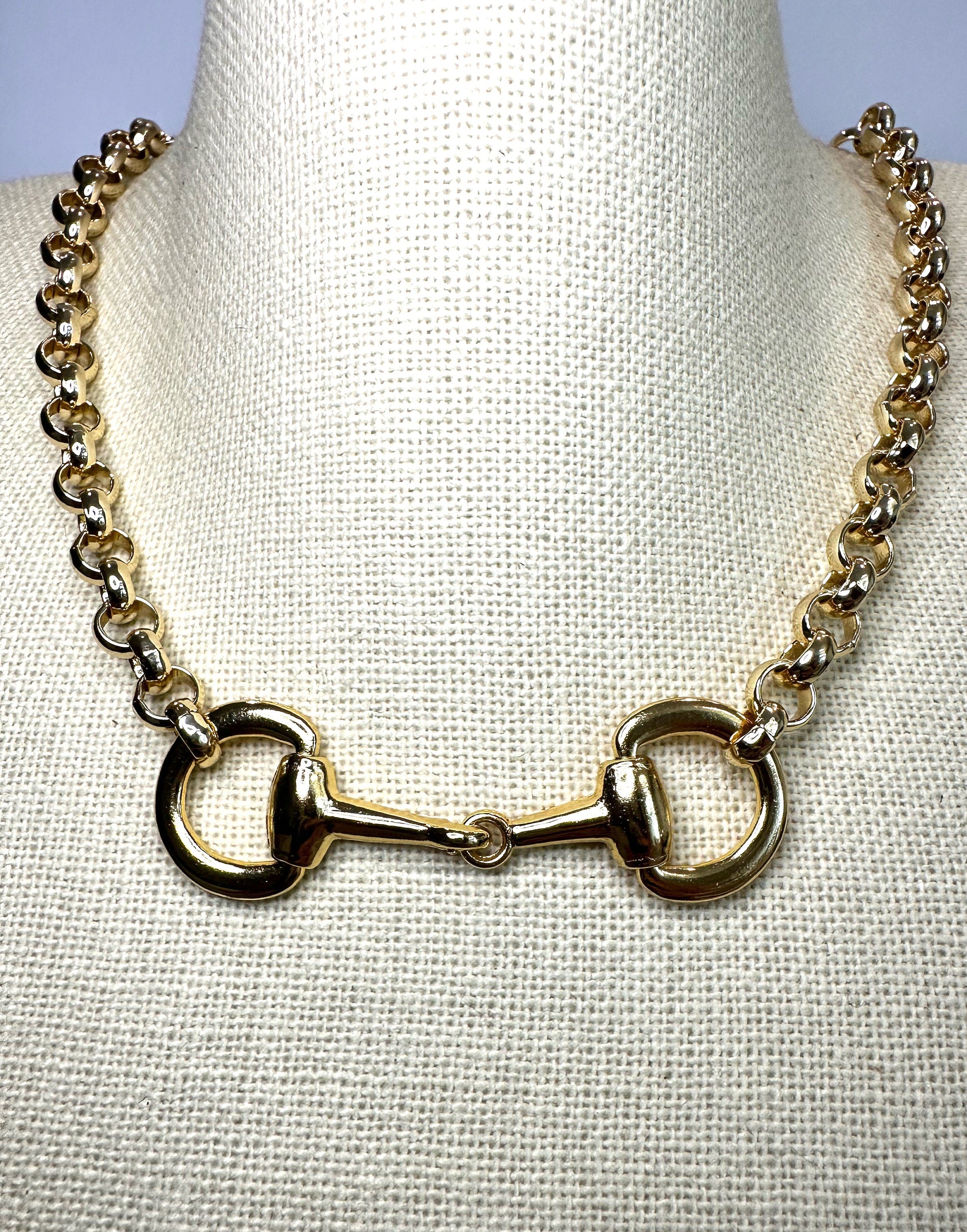 Equestrian Horse Snaffle Bit Shiny Gold Rolo Chain Necklace