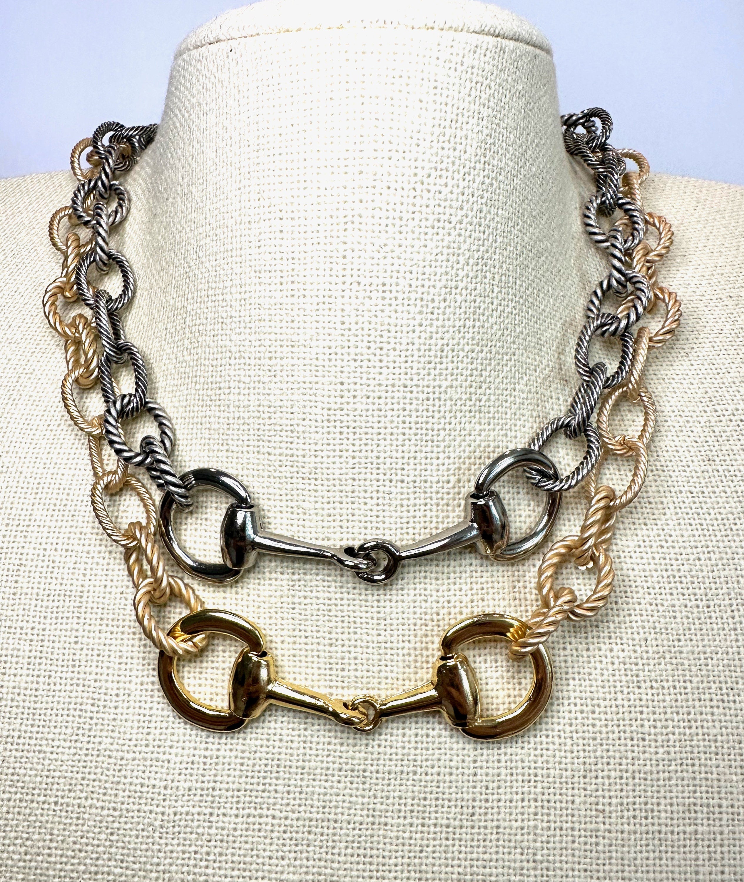 Equestrian Horse Snaffle Bit Antique Silver Rope Chain Necklace