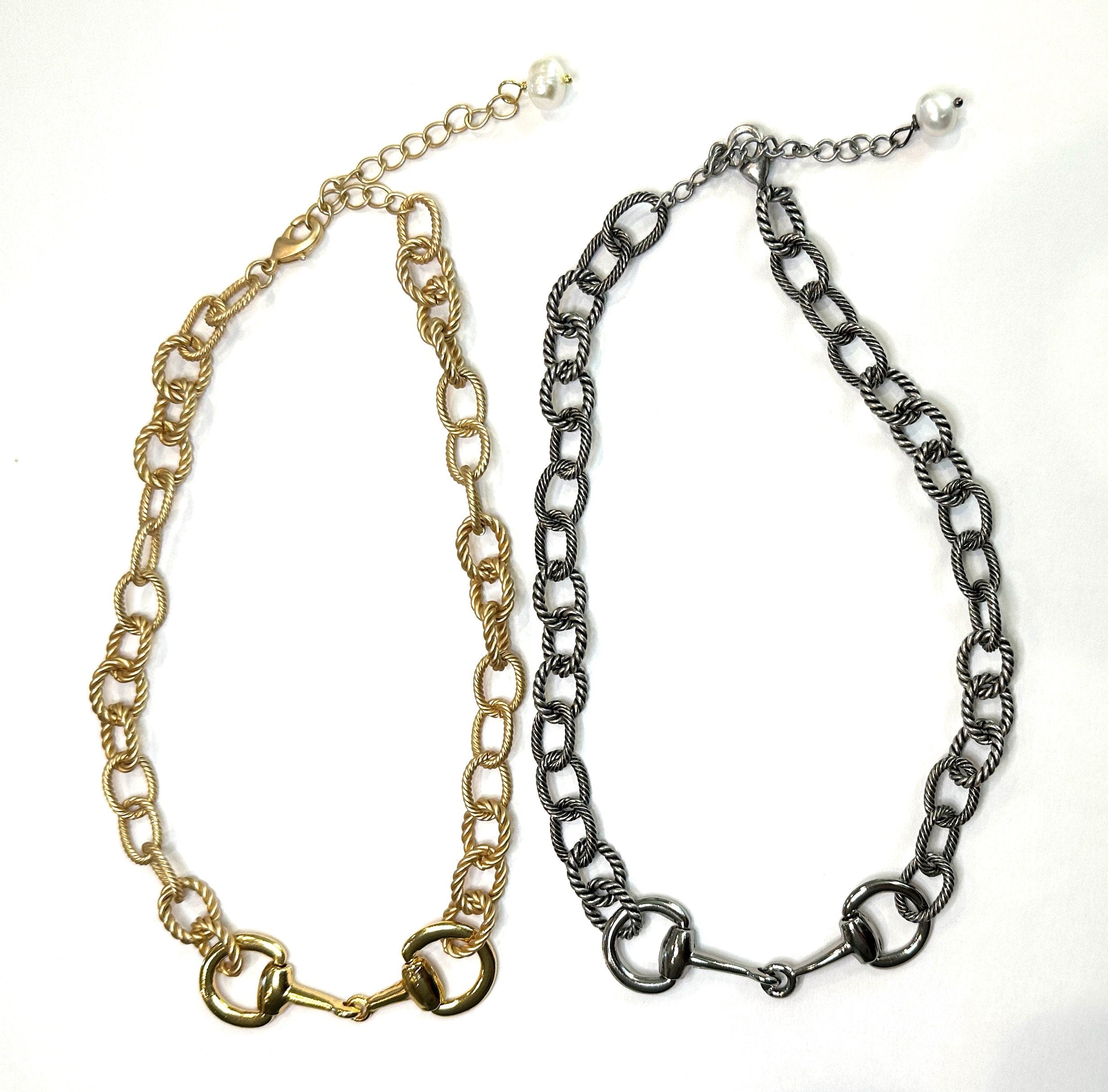 Equestrian Horse Snaffle Bit Matte Gold Rope Chain Necklace