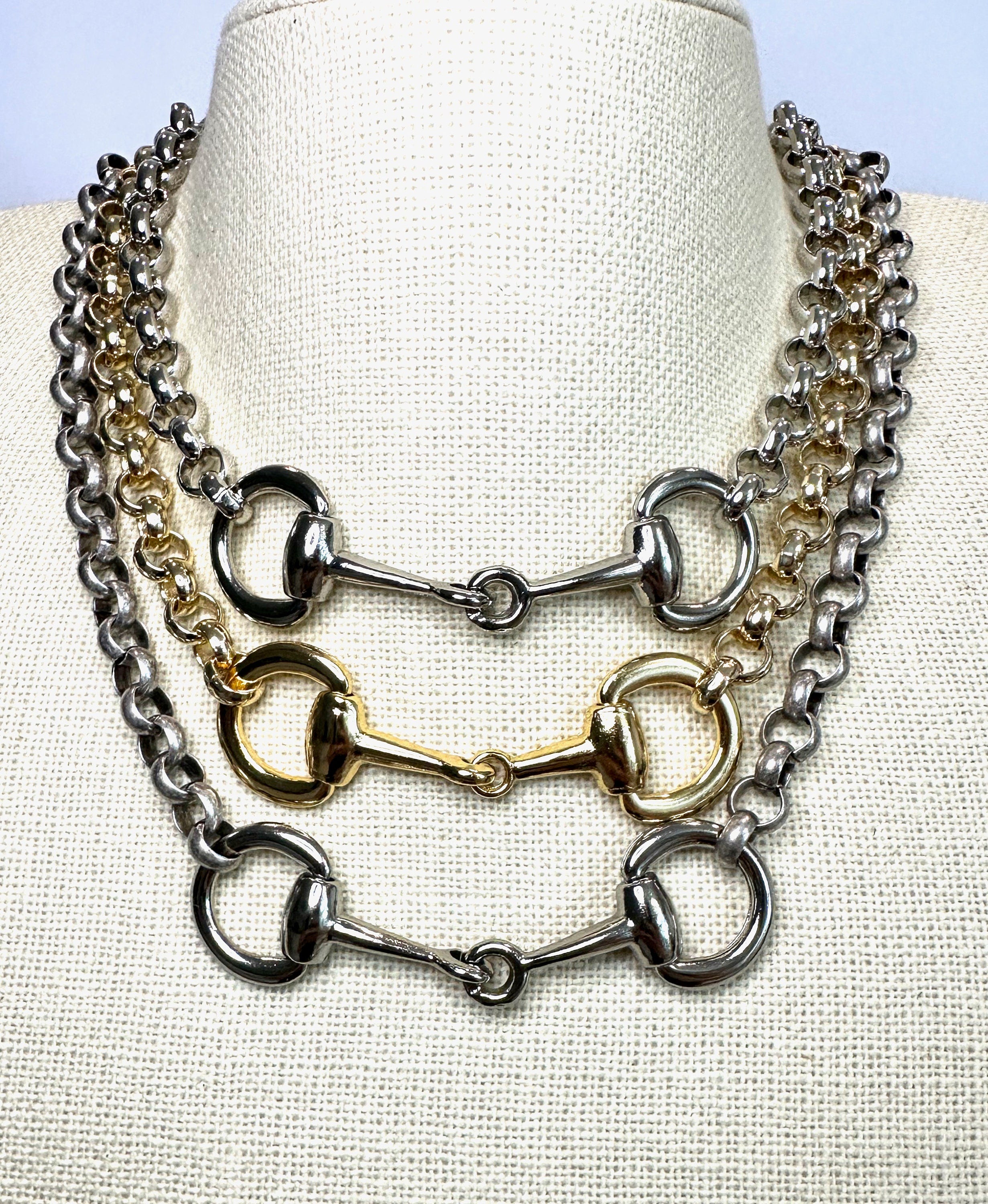 Equestrian Necklace - Horse Snaffle Bit Antique Silver Rolo Chain