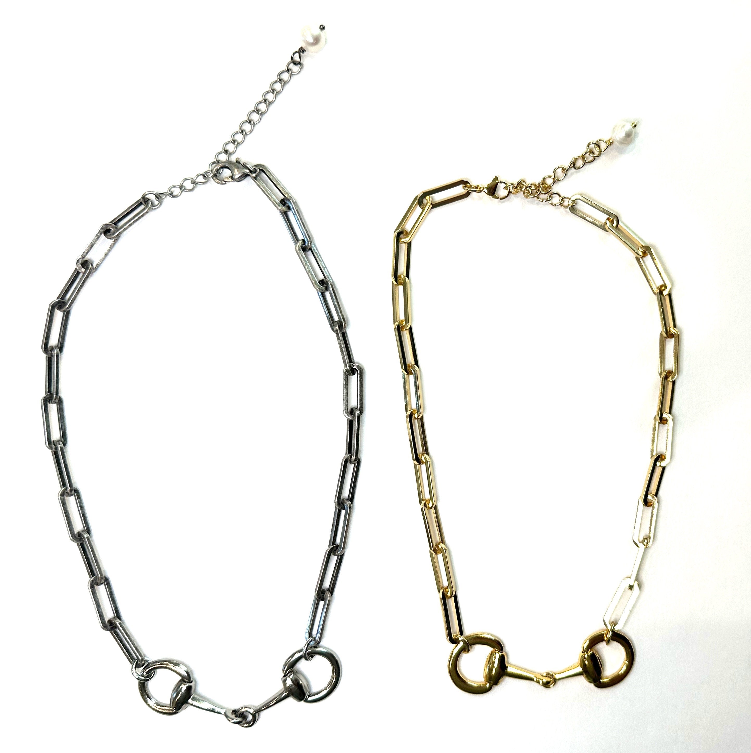 Equestrian Horse Snaffle Bit Antique Silver Paperclip Chain Necklace