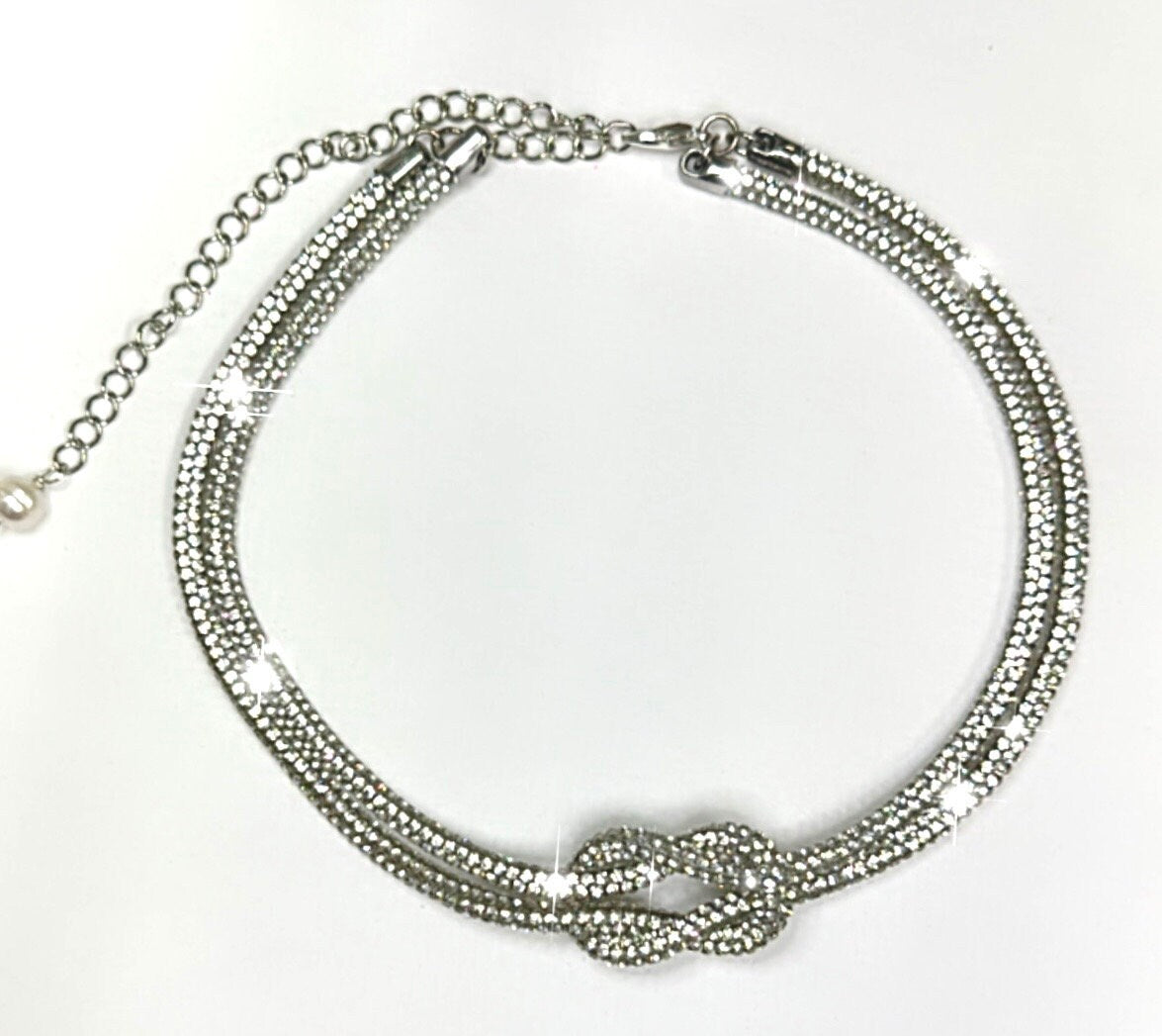 Rhinestone Crystal Sparkle Love Knot Necklace-Choker-Silver-Adjustable Length-Trending NOW!