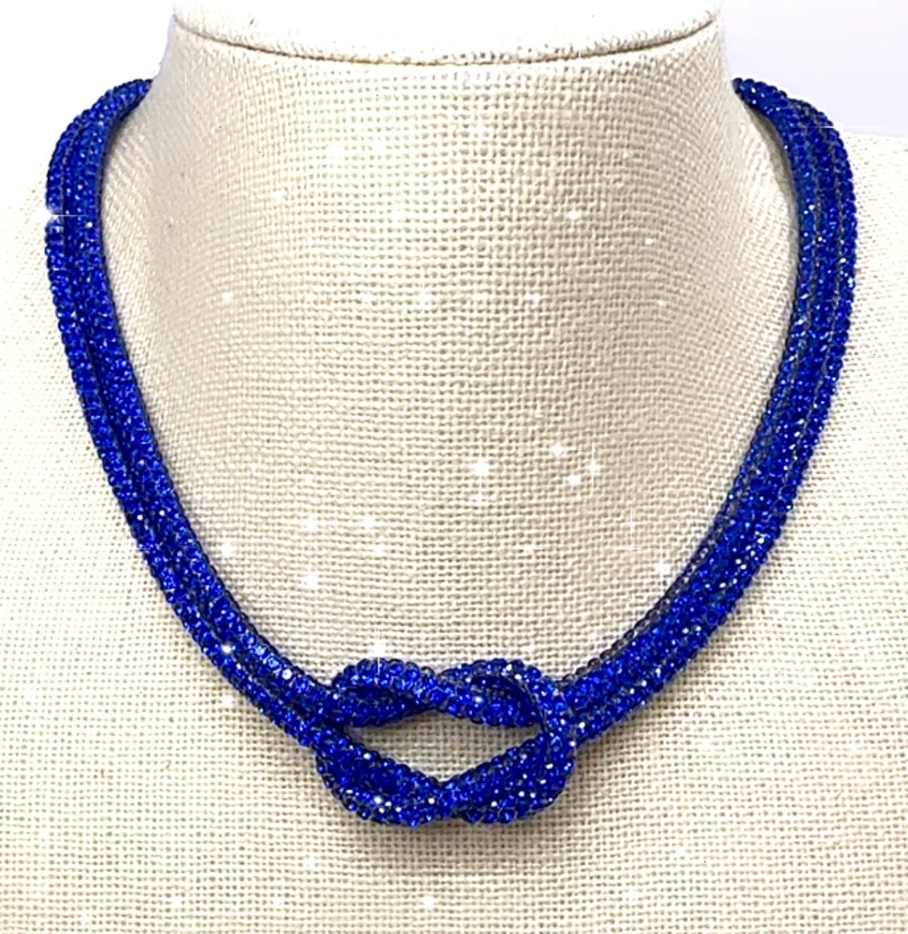 ROYAL BLUE Rhinestone Crystal Sparkle Love Knot Necklace-Choker-Adjustable Length-Trending NOW!