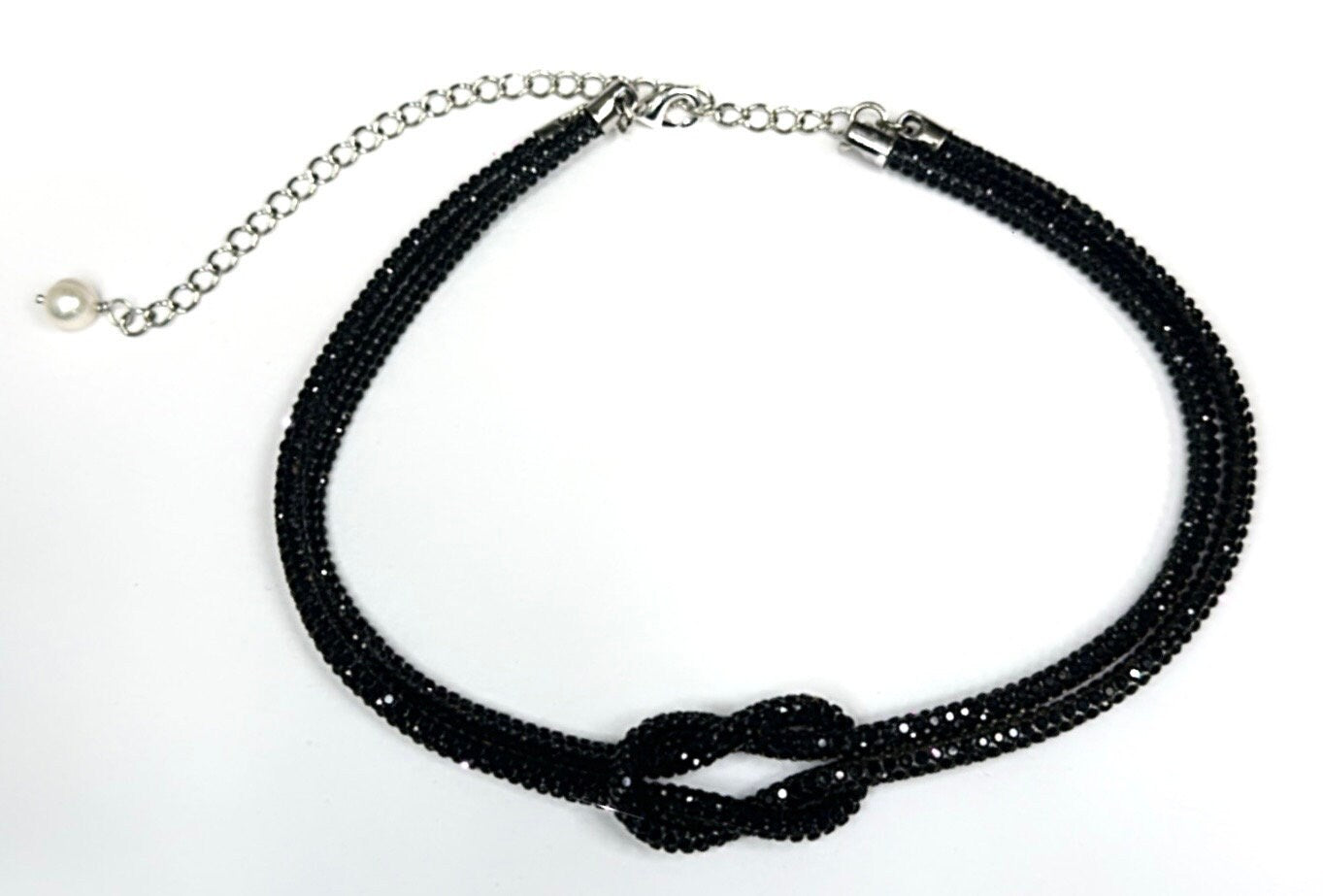 BLACK Rhinestone Crystal Sparkle Love Knot Necklace-Choker-Adjustable Length-Trending NOW!