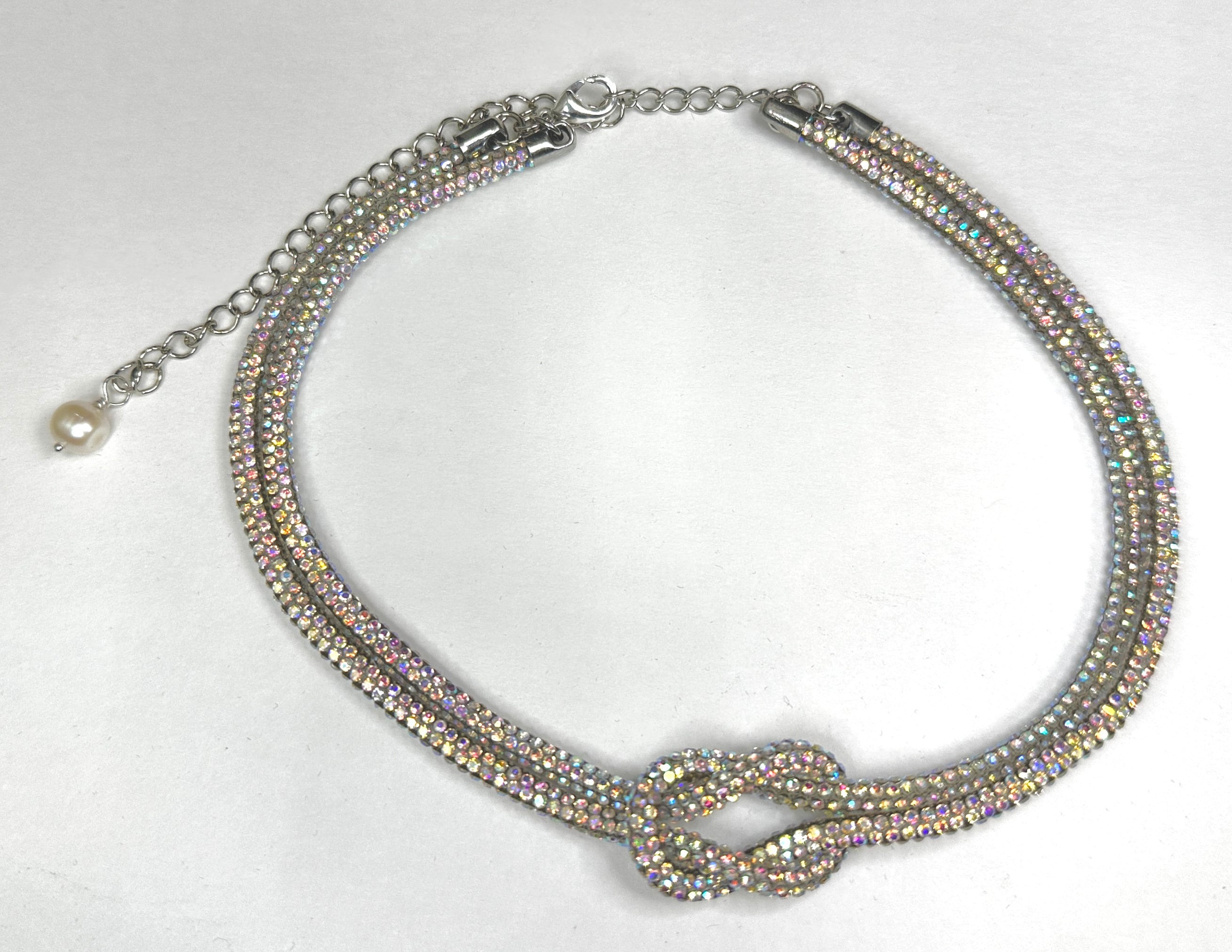 AB AURORA borealis Rhinestone Crystal Sparkle Love Knot Necklace-Choker-Adjustable Length-Trending NOW!