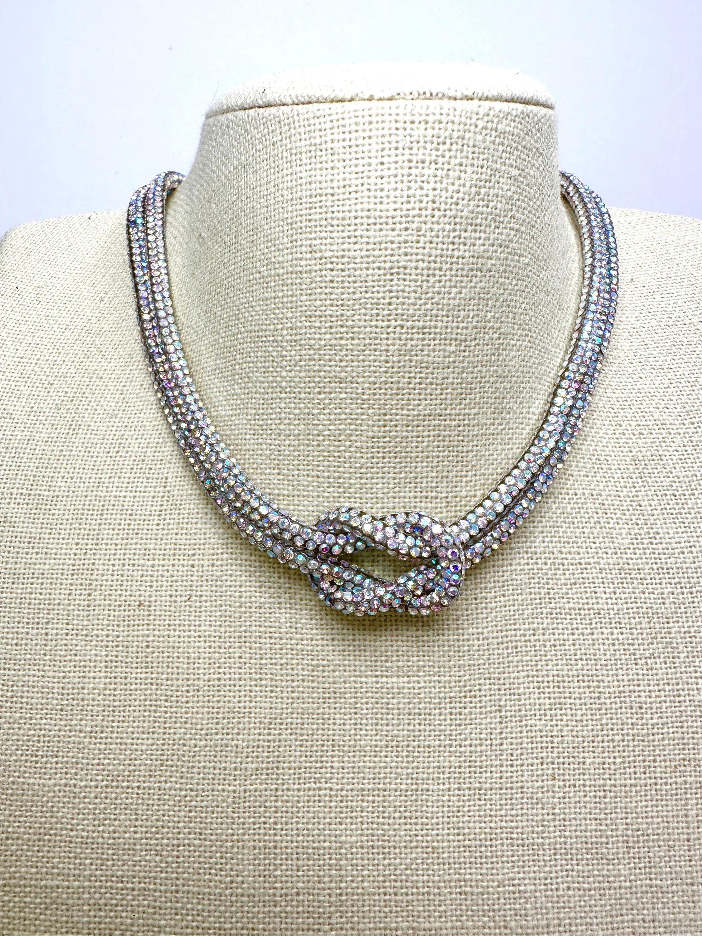 AB AURORA borealis Rhinestone Crystal Sparkle Love Knot Necklace-Choker-Adjustable Length-Trending NOW!
