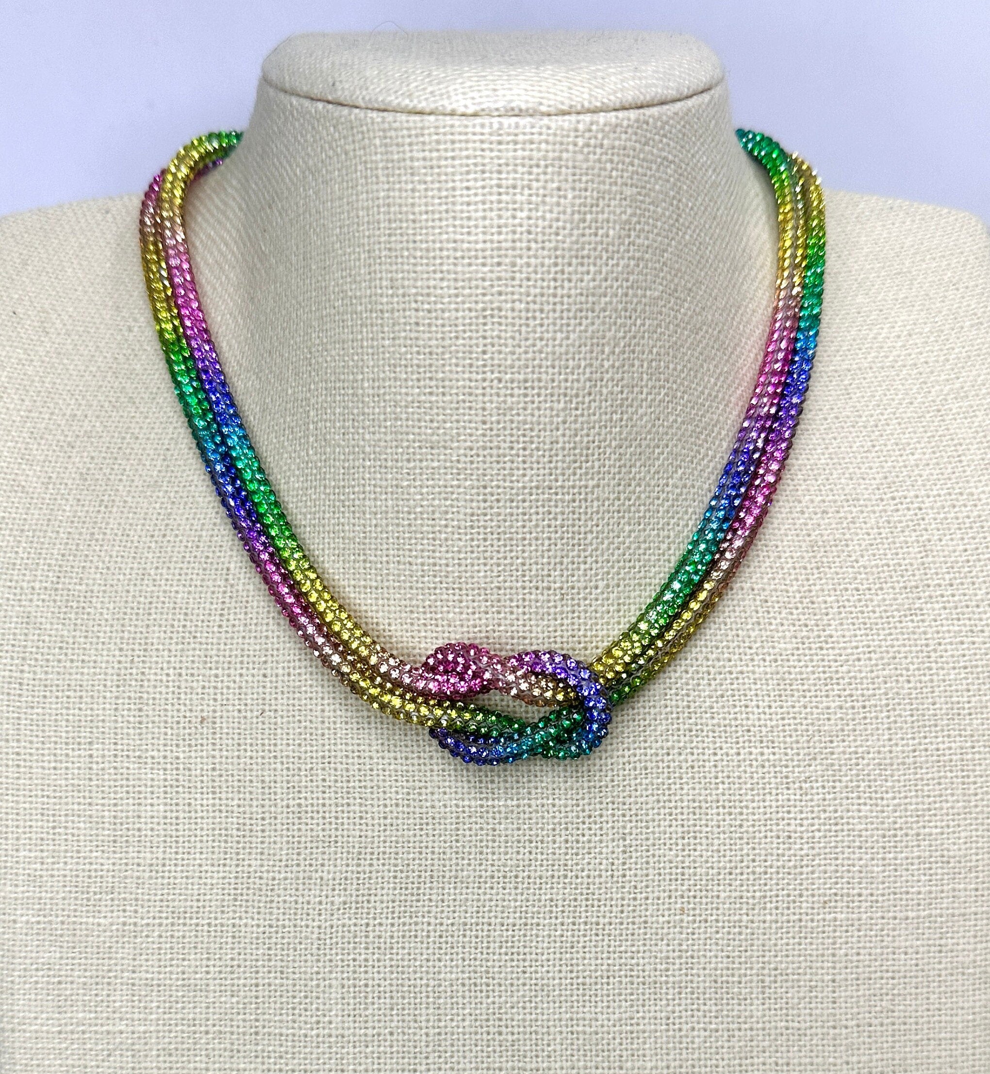 RAINBOW MULTI color Rhinestone Crystal Sparkle Love Knot Necklace-Choker-Adjustable Length-Trending NOW!