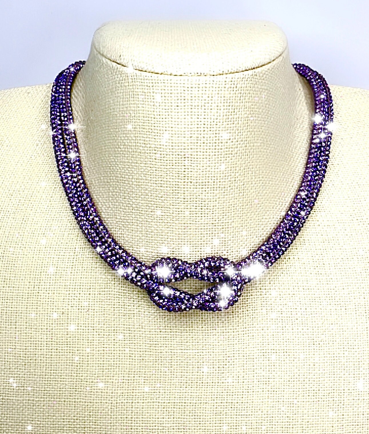 PURPLE color Rhinestone Crystal Sparkle Love Knot Necklace-Choker-Adjustable Length-Trending NOW!