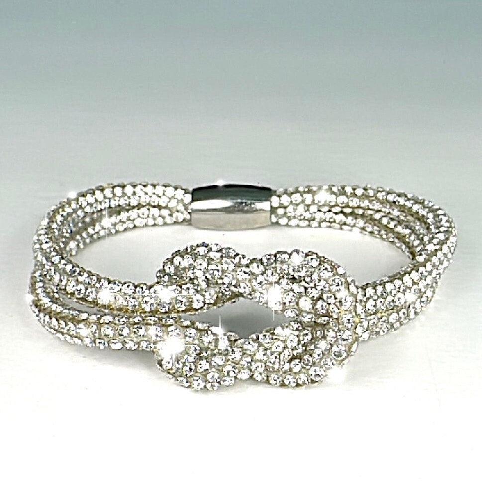 CLEAR SILVER Rhinestone Crystal Sparkle Love Knot Friendship Camp Bracelet-Magnetic Clasp-Trending NOW!