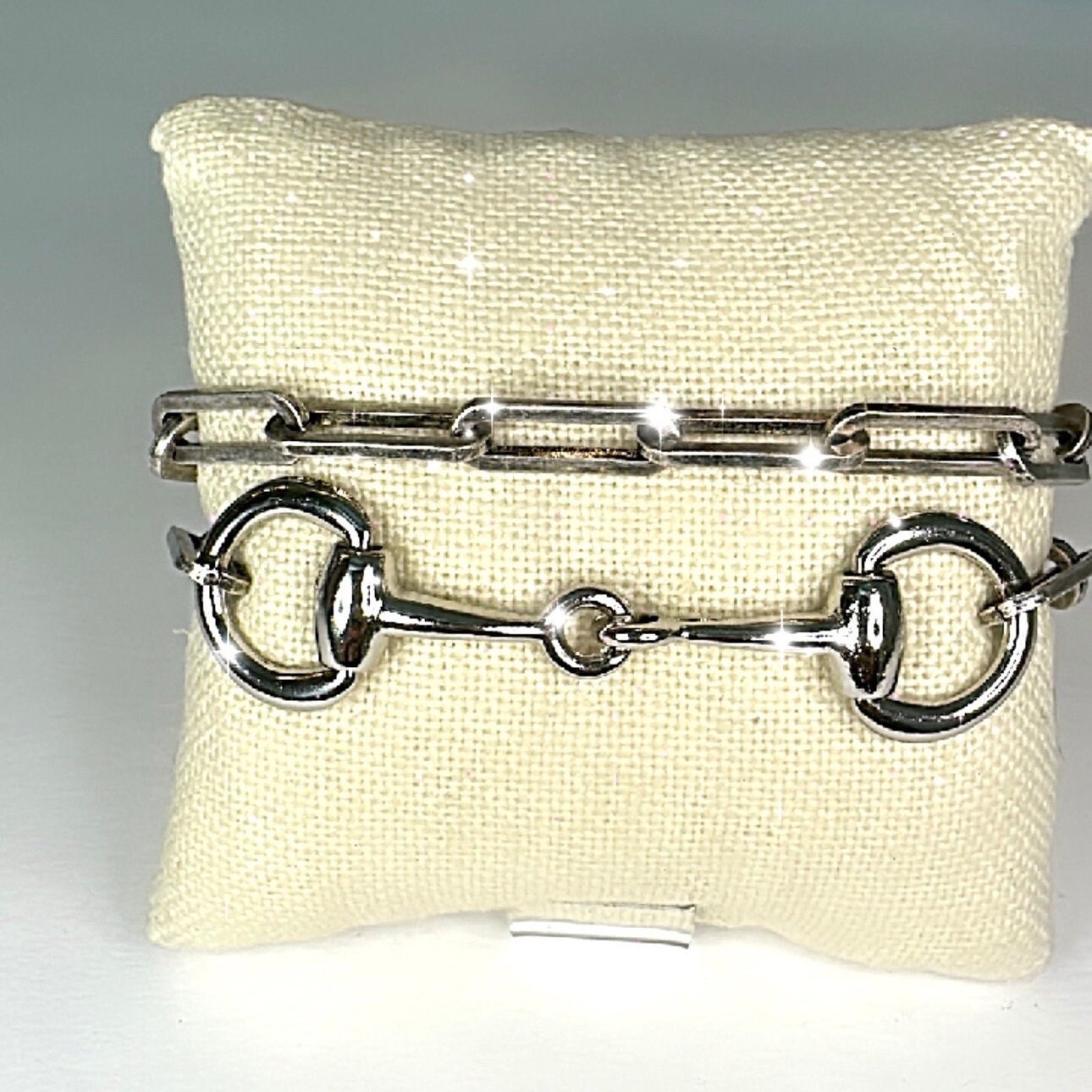 Equestrian Horse Snaffle Bit Antique Silver Paperclip Chain Double Wrap Bracelet w/ Magnetic Clasp