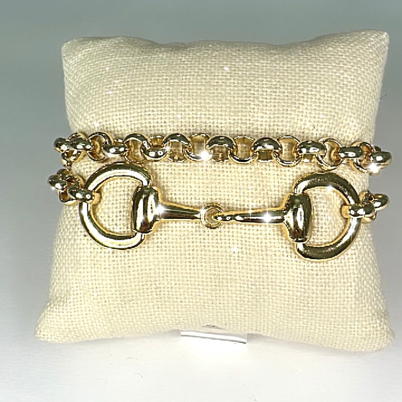 Equestrian Horse Snaffle Bit Shiny Gold Rolo Chain Double Wrap Bracelet w/ Magnetic Clasp