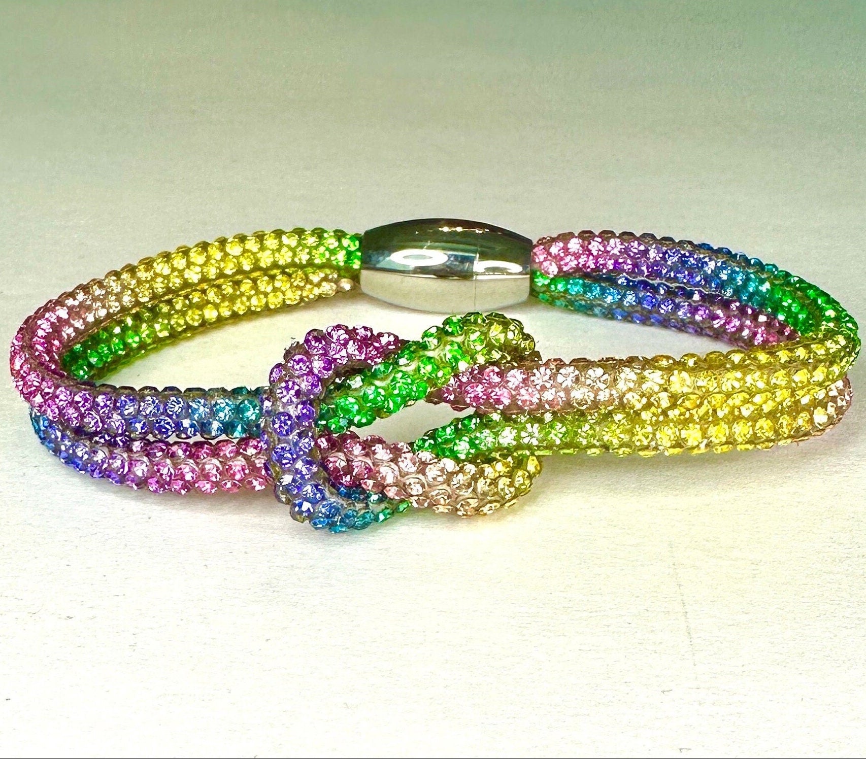RAINBOW Rhinestone Crystal Sparkle Love Knot Friendship Camp Bracelet-Magnetic Clasp-Trending NOW!