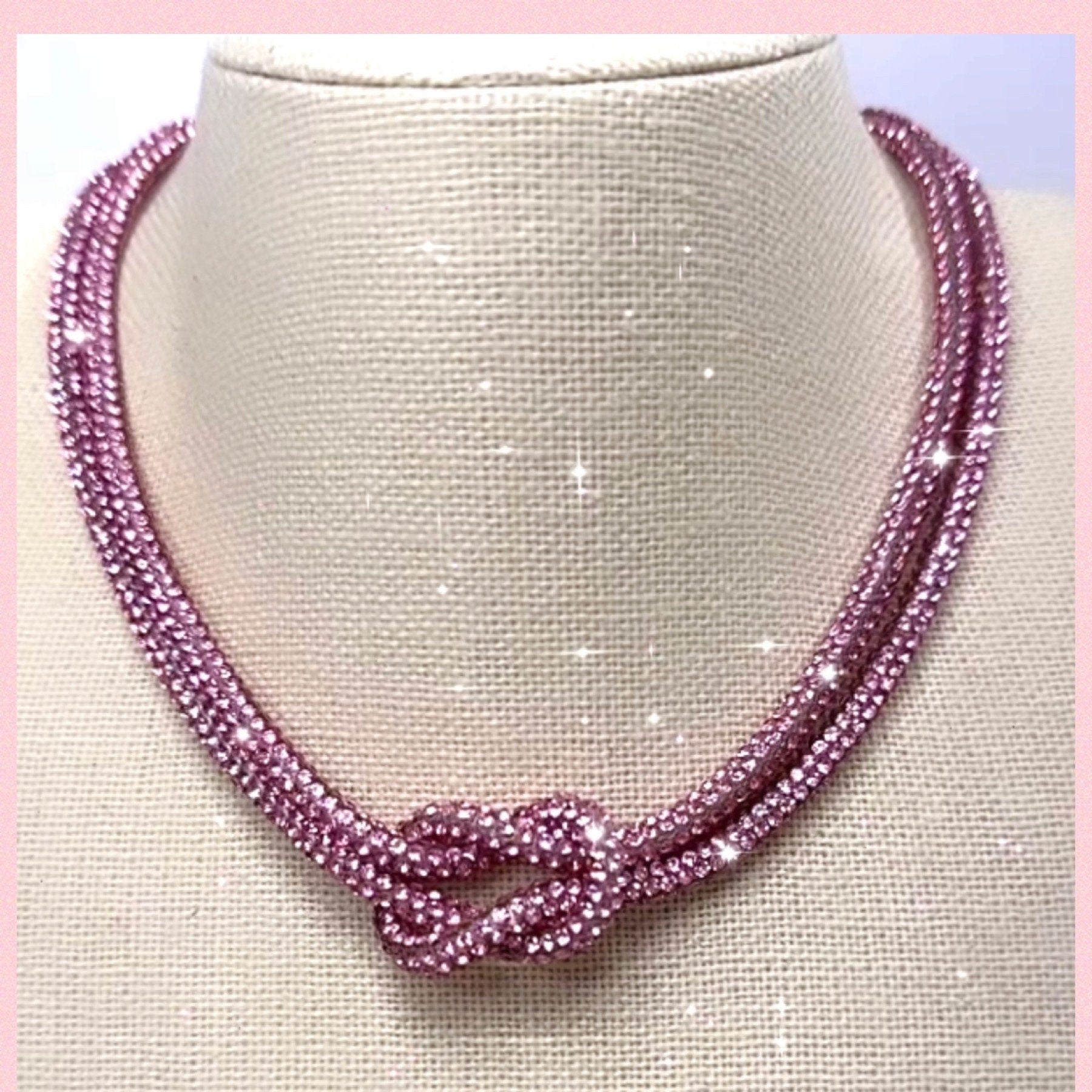 Rhinestone Crystal Sparkle Love Knot Necklace-Choker-PINK-Adjustable Length-Trending NOW!