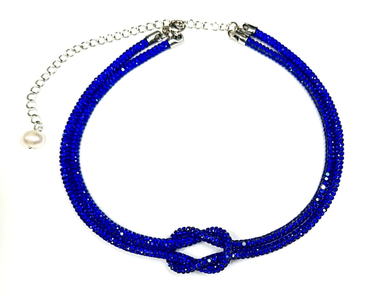 ROYAL BLUE Rhinestone Crystal Sparkle Love Knot Necklace-Choker-Adjustable Length-Trending NOW!