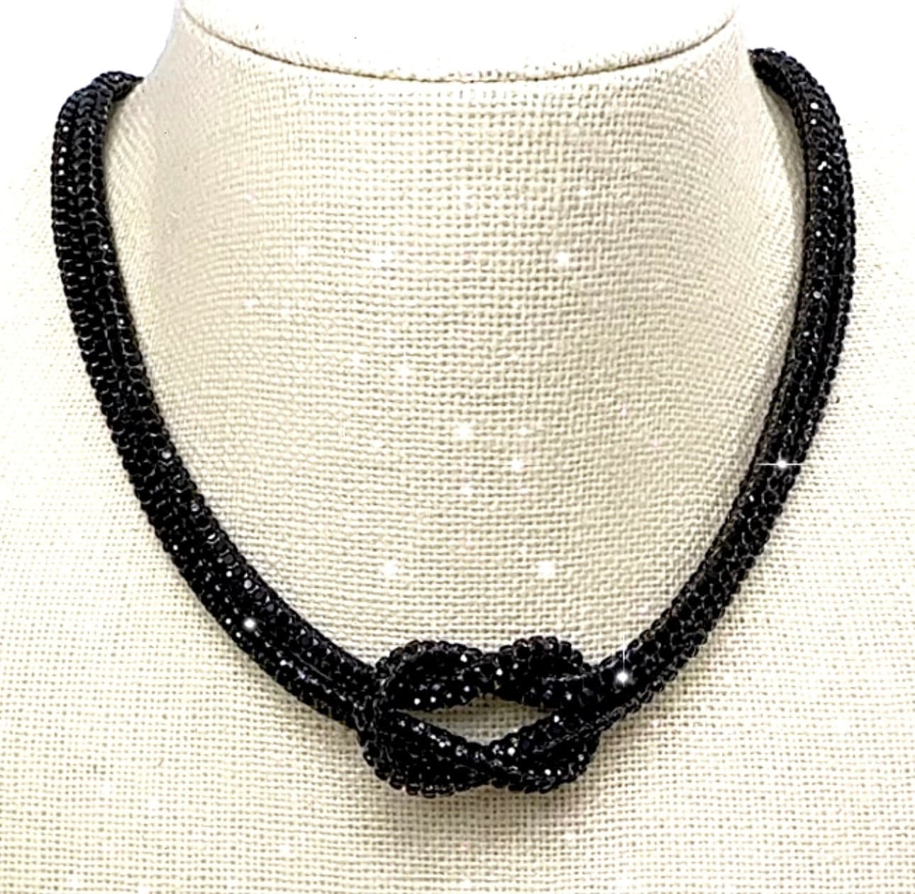BLACK Rhinestone Crystal Sparkle Love Knot Necklace-Choker-Adjustable Length-Trending NOW!