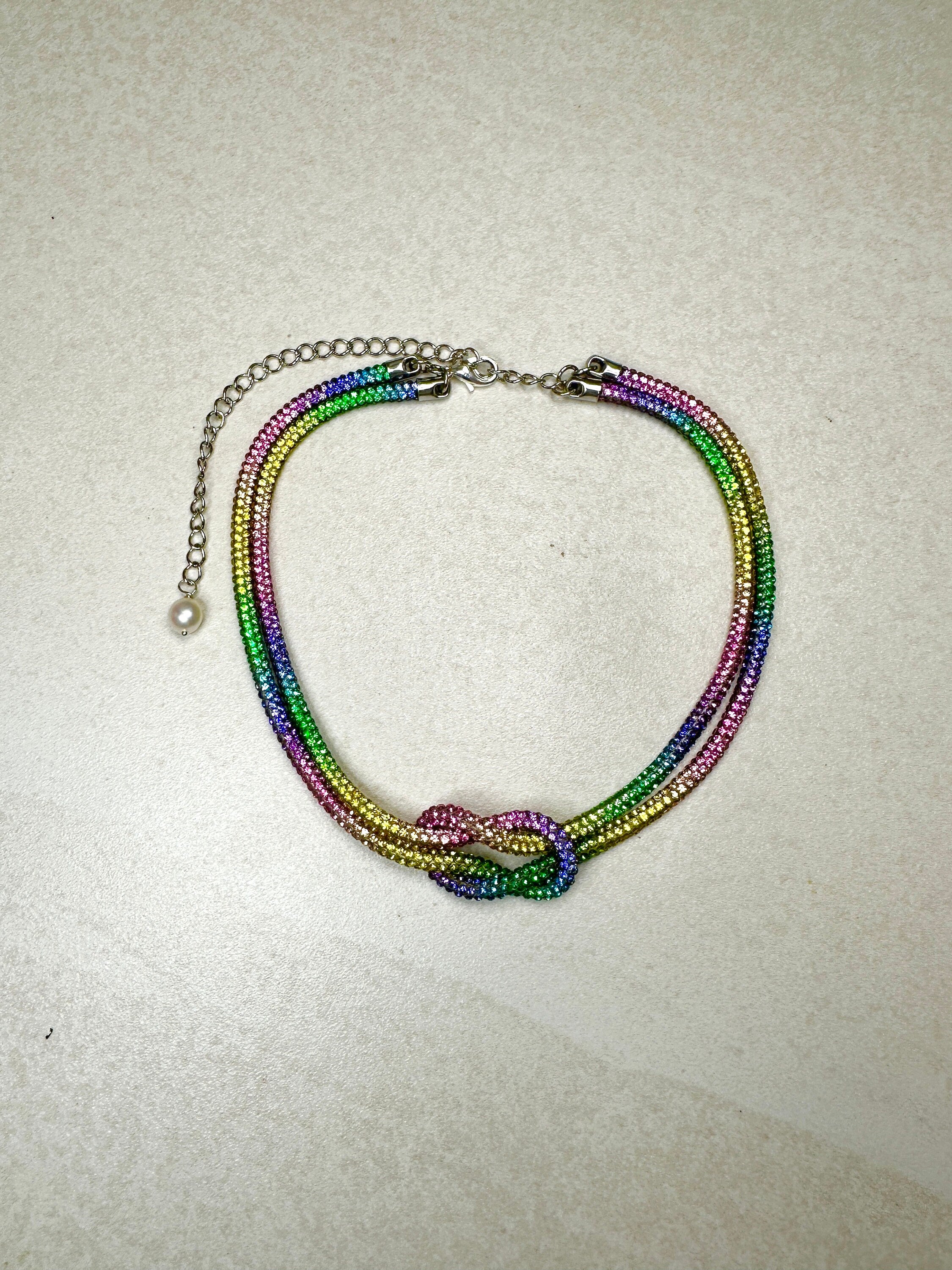 RAINBOW MULTI color Rhinestone Crystal Sparkle Love Knot Necklace-Choker-Adjustable Length-Trending NOW!