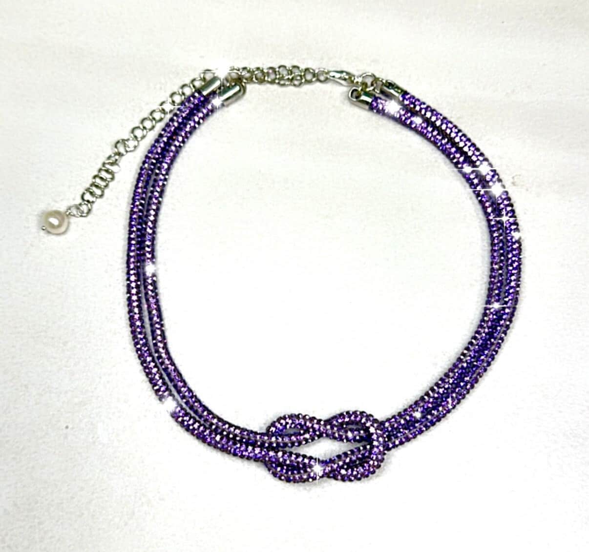 PURPLE color Rhinestone Crystal Sparkle Love Knot Necklace-Choker-Adjustable Length-Trending NOW!