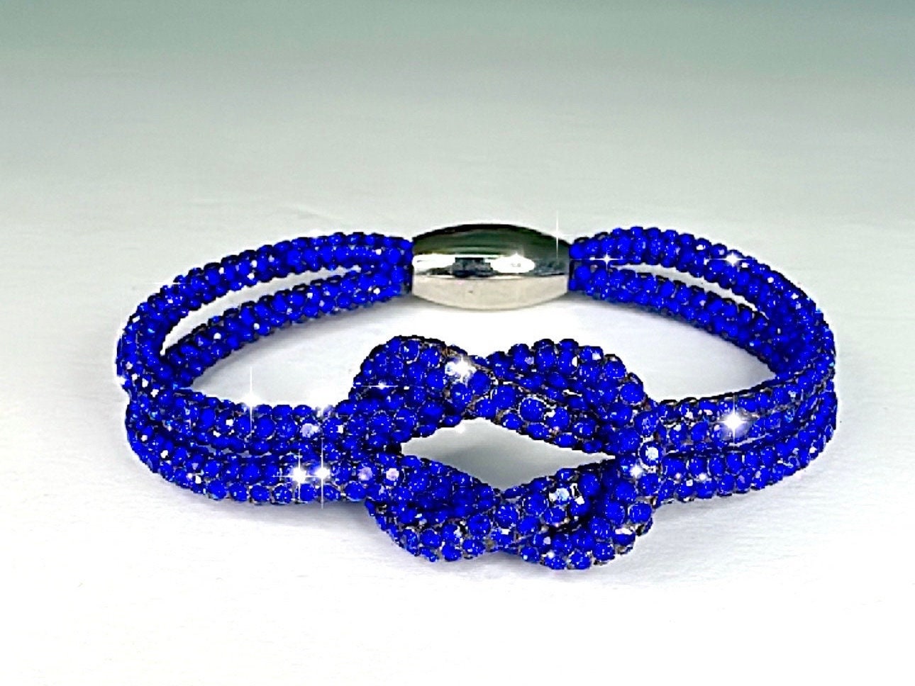 SAPPHIRE BLUE Rhinestone Crystal Sparkle Love Knot Friendship Camp Bracelet-Magnetic Clasp-Trending NOW!