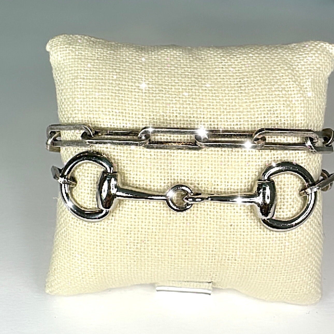 Equestrian Horse Snaffle Bit Antique Silver Paperclip Chain Double Wrap Bracelet w/ Magnetic Clasp