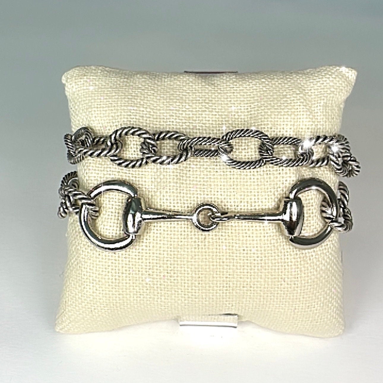 Equestrian Horse Snaffle Bit Antique Silver ROPE Chain Double Wrap Bracelet w/ Magnetic Clasp