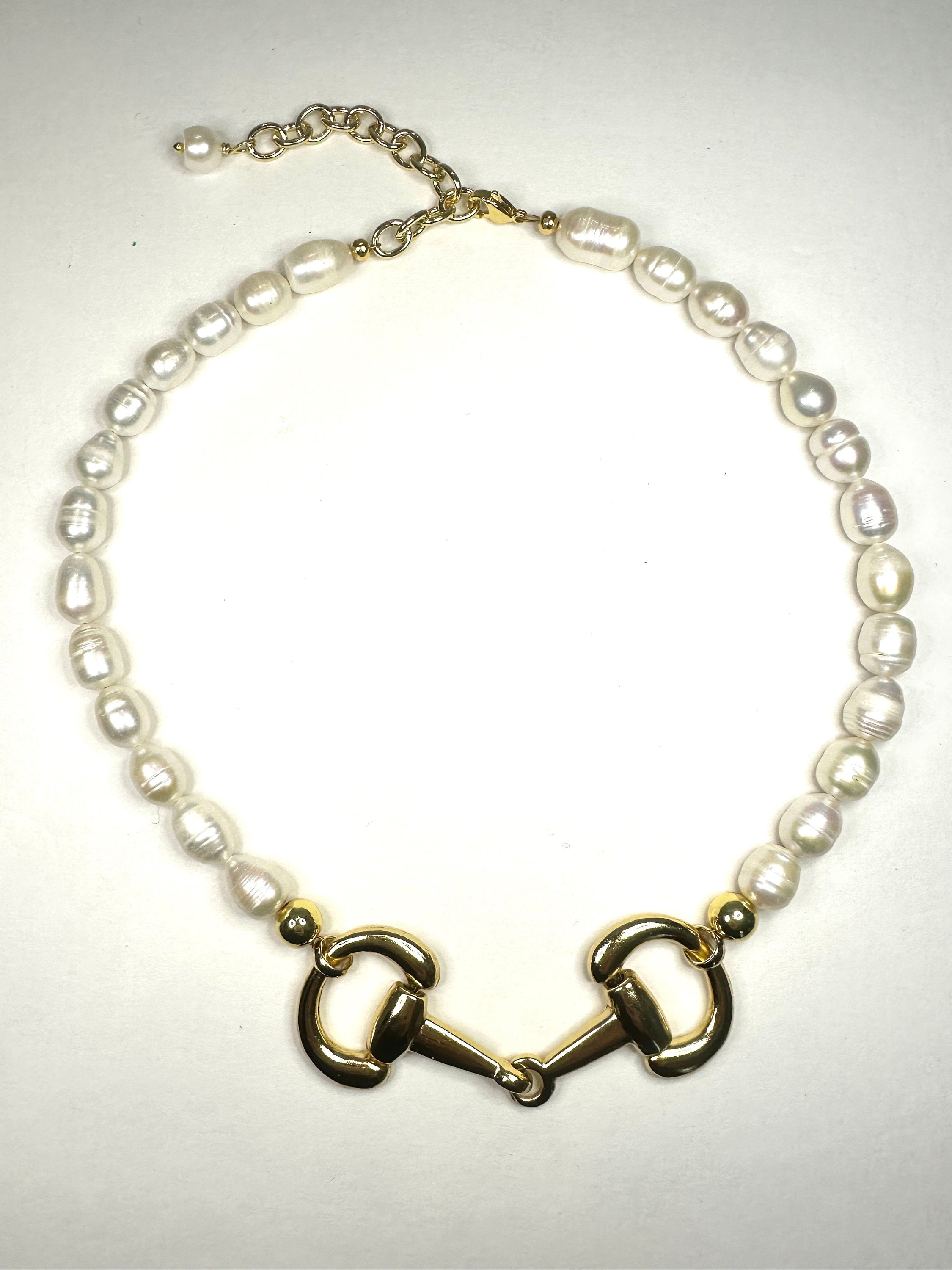 Stunning Gold Equestrian Horse Snaffle Bit - Lustrous Fresh Water Pearl Necklace