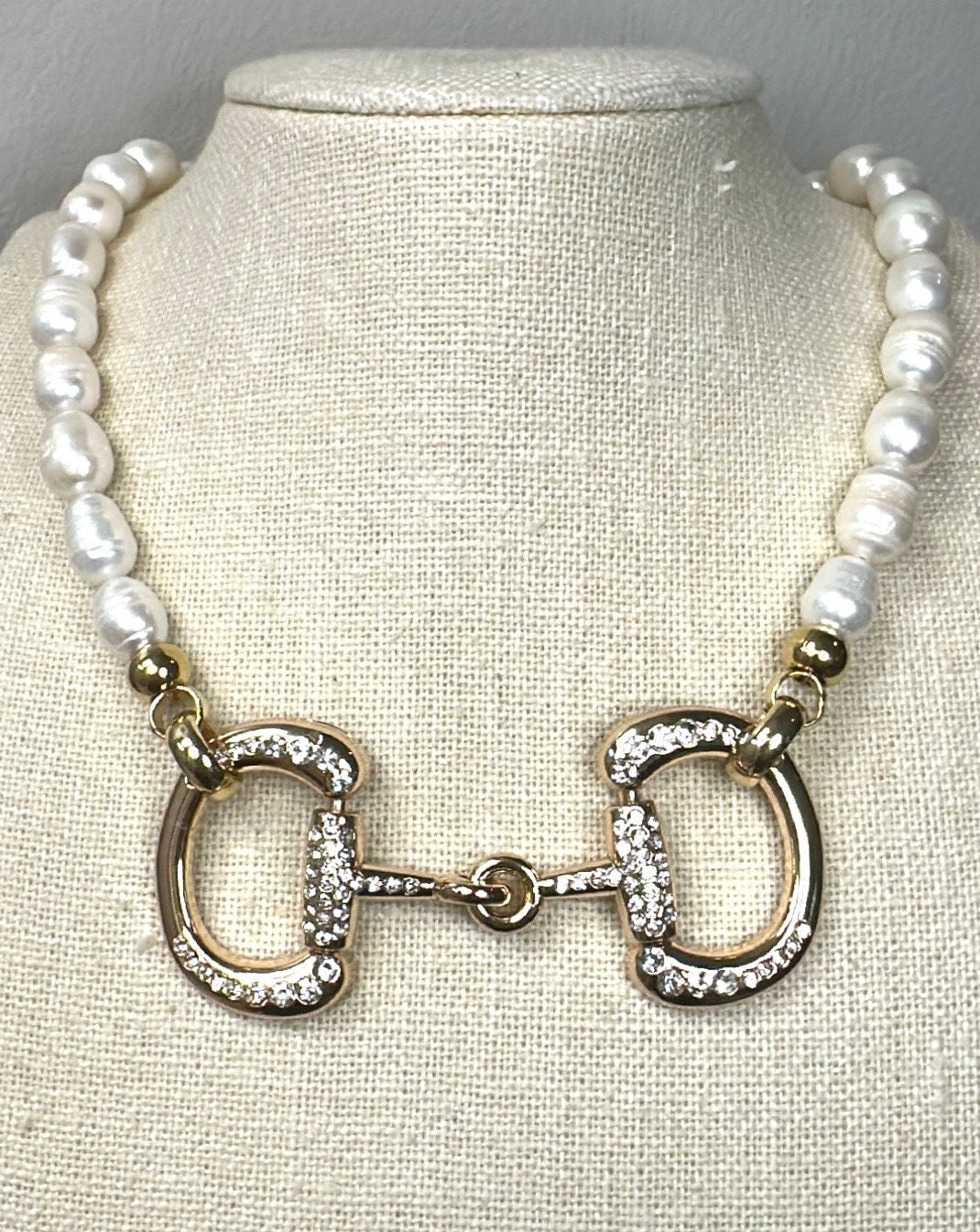 Stunning Gold Equestrian Horse Snaffle Bit - Lustrous Fresh Water Pearl Necklace w/ Rhinestones