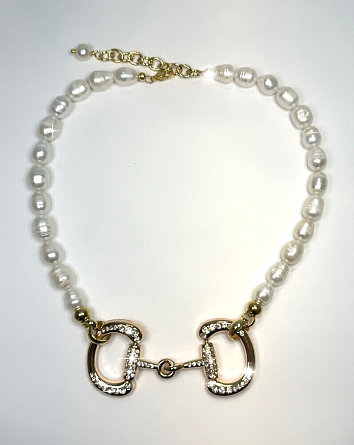 Stunning Gold Equestrian Horse Snaffle Bit - Lustrous Fresh Water Pearl Necklace w/ Rhinestones