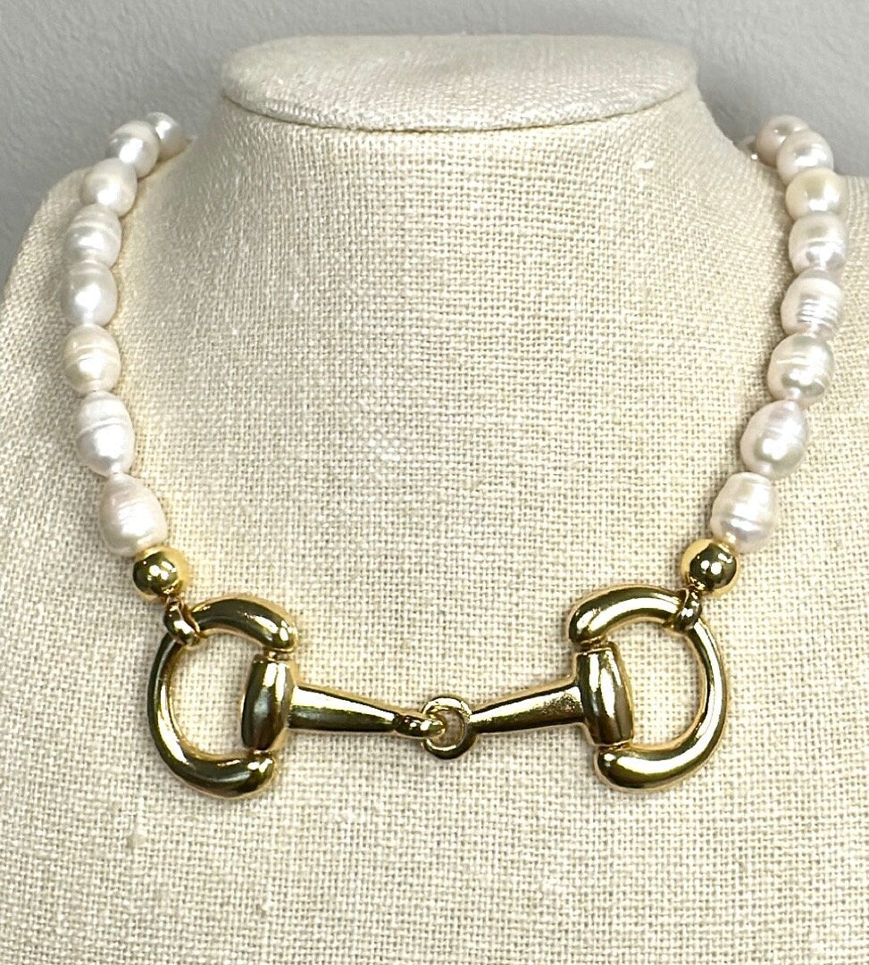 Stunning Gold Equestrian Horse Snaffle Bit - Lustrous Fresh Water Pearl Necklace