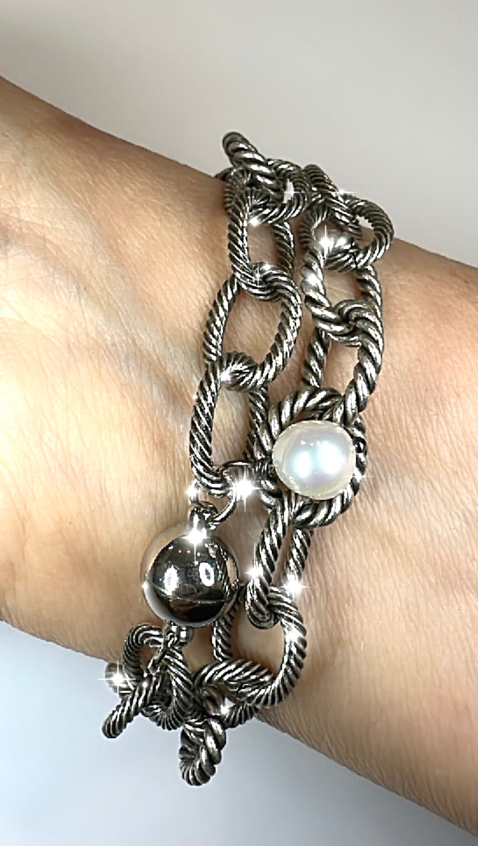 Equestrian Horse Snaffle Bit Antique Silver Rope Chain Double Wrap Mixed Metal Bracelet w/ Magnetic Clasp